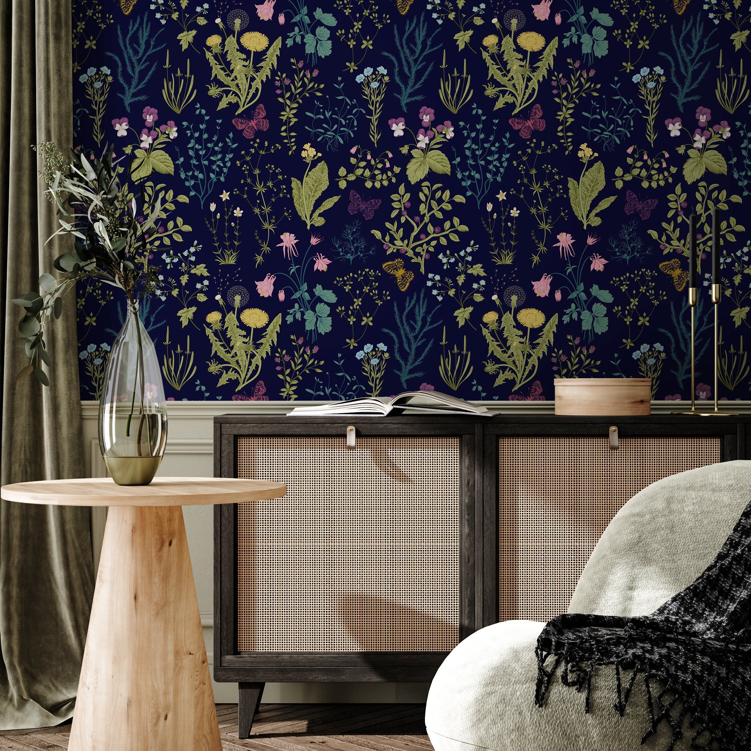 Botanical Wallpaper With Wildflowers And Butterflies In Navy Blue, Yellow, And Pink - B506