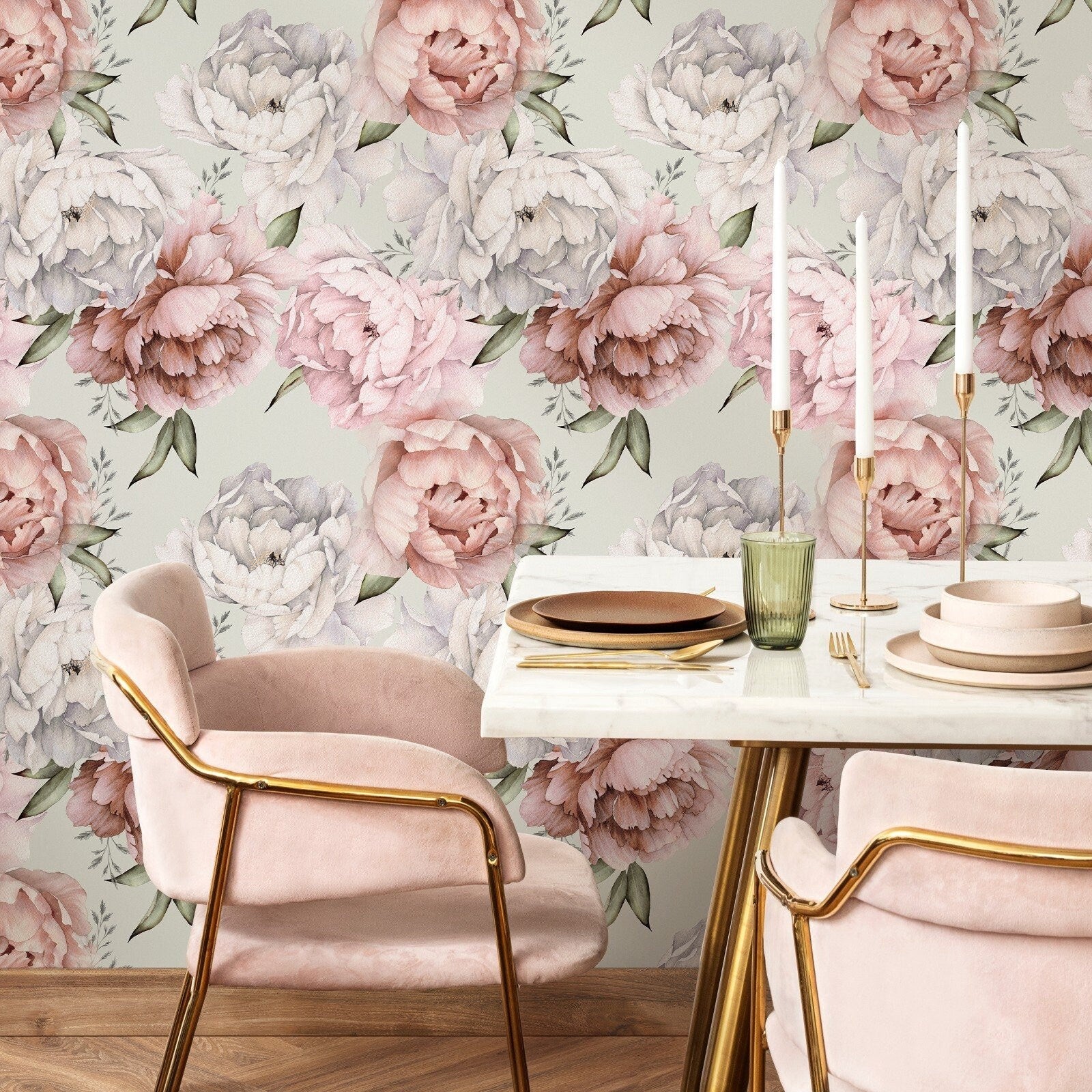 Floral Wallpaper Featuring Watercolor Peonies In Pink, White, And Green - B516