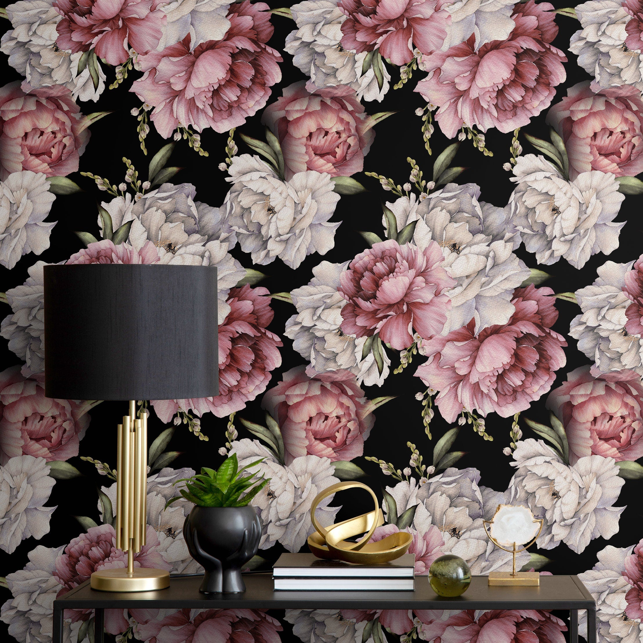 Floral Wallpaper With Large Peonies In Pink, White, And Black - B518