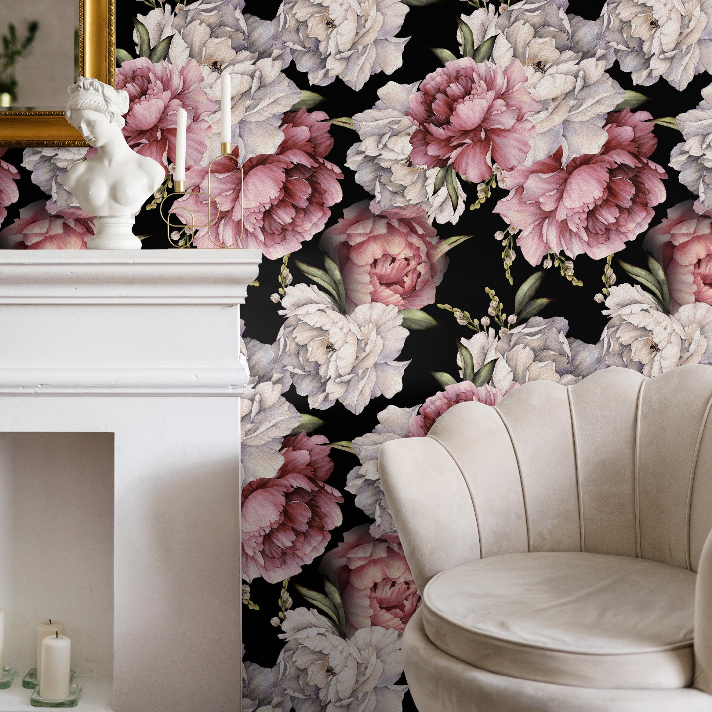 Floral Wallpaper With Large Peonies In Pink, White, And Black - B518