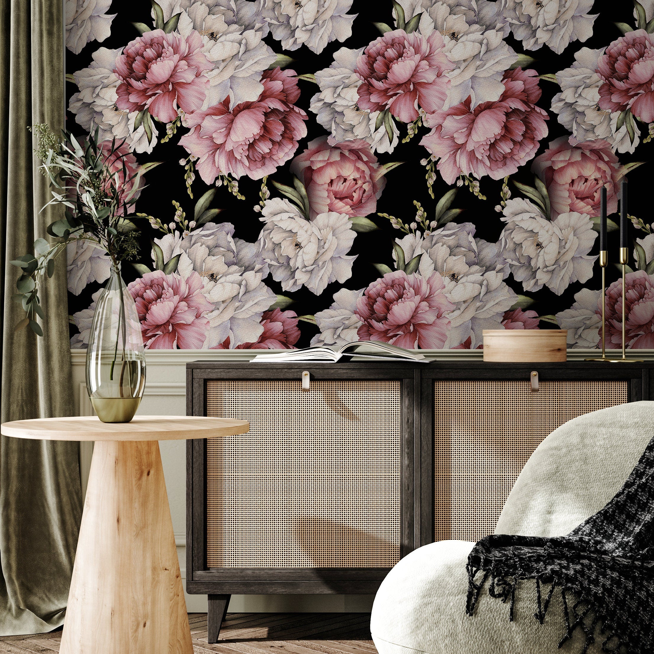 Floral Wallpaper With Large Peonies In Pink, White, And Black - B518
