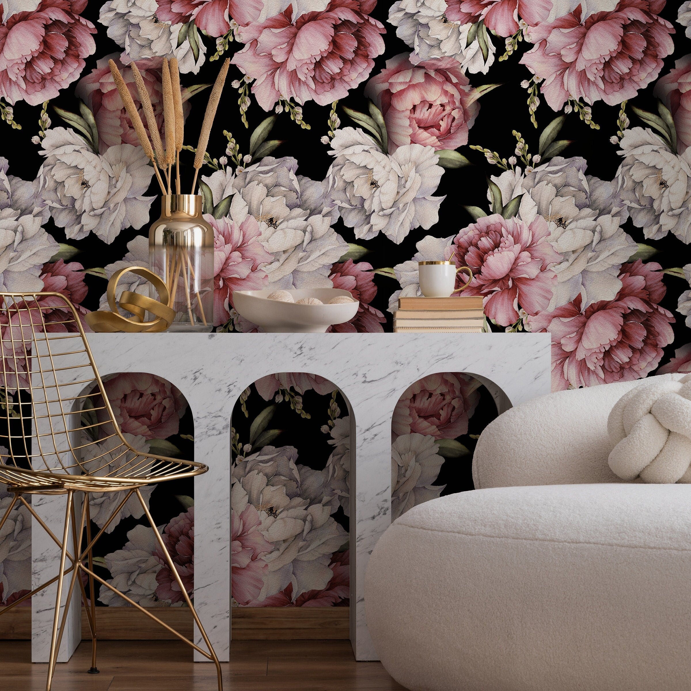 Floral Wallpaper With Large Peonies In Pink, White, And Black - B518