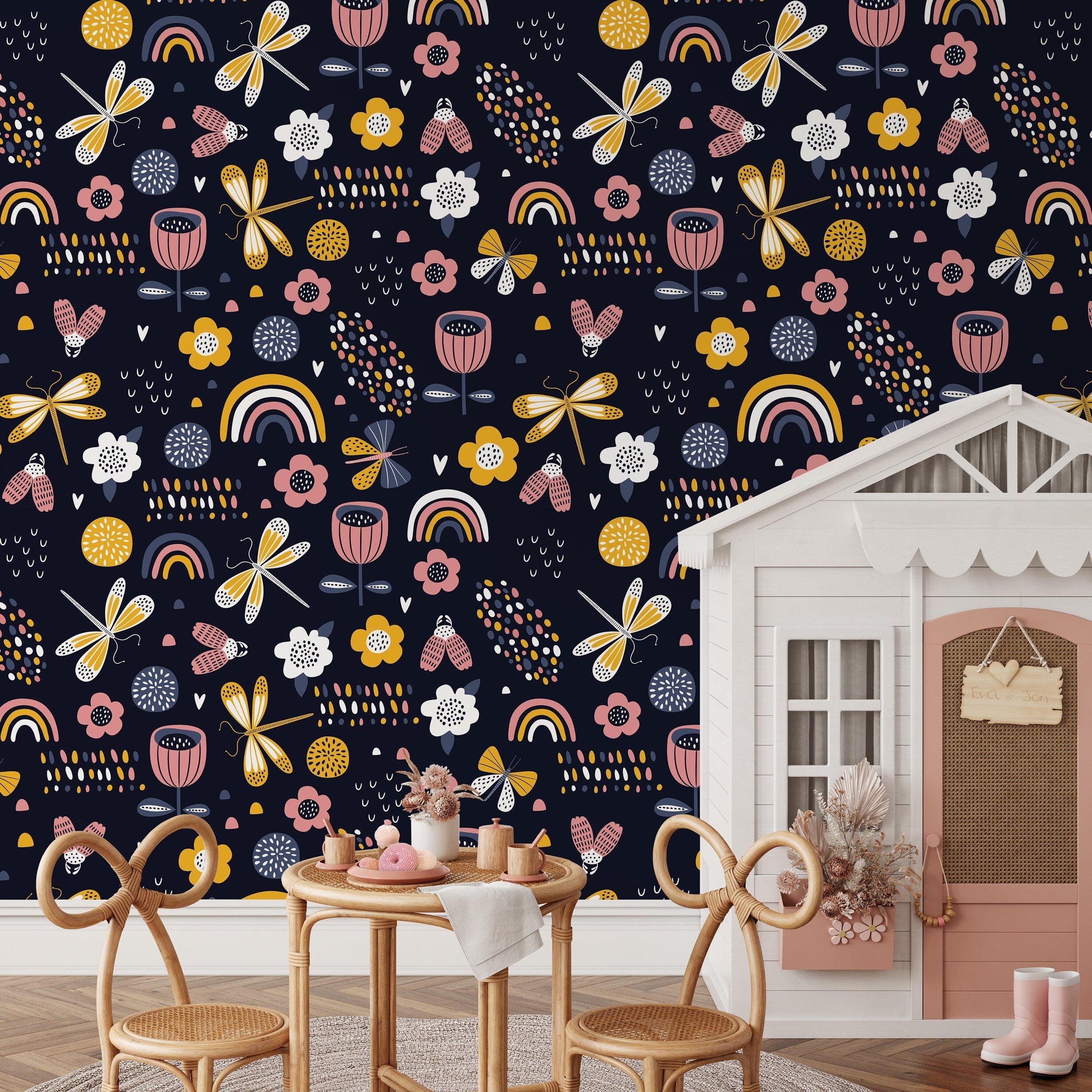 Kids Wallpaper With Dragonflies, Rainbows, And Flowers In Yellow, Pink, And Blue - B522