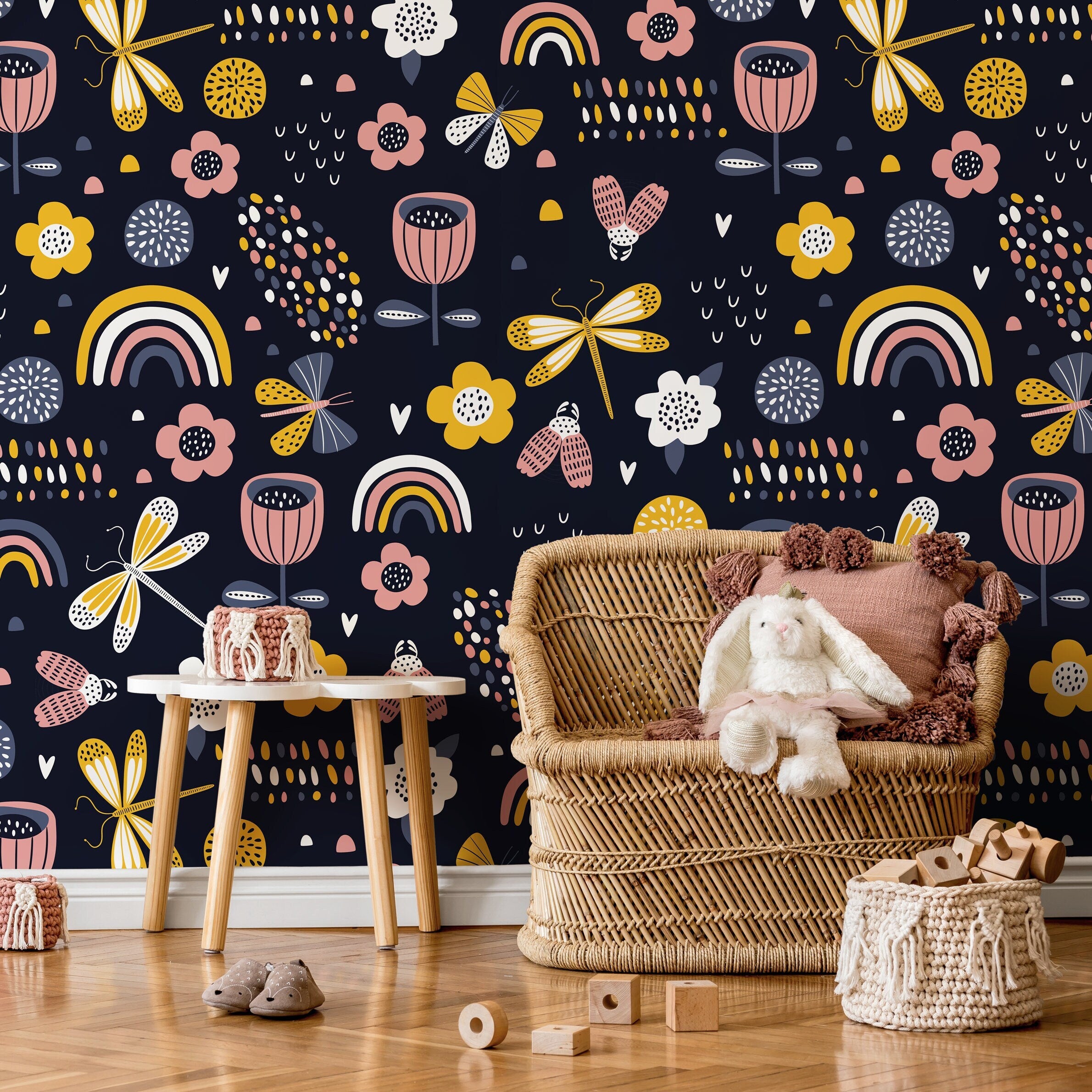 Kids Wallpaper With Dragonflies, Rainbows, And Flowers In Yellow, Pink, And Blue - B522