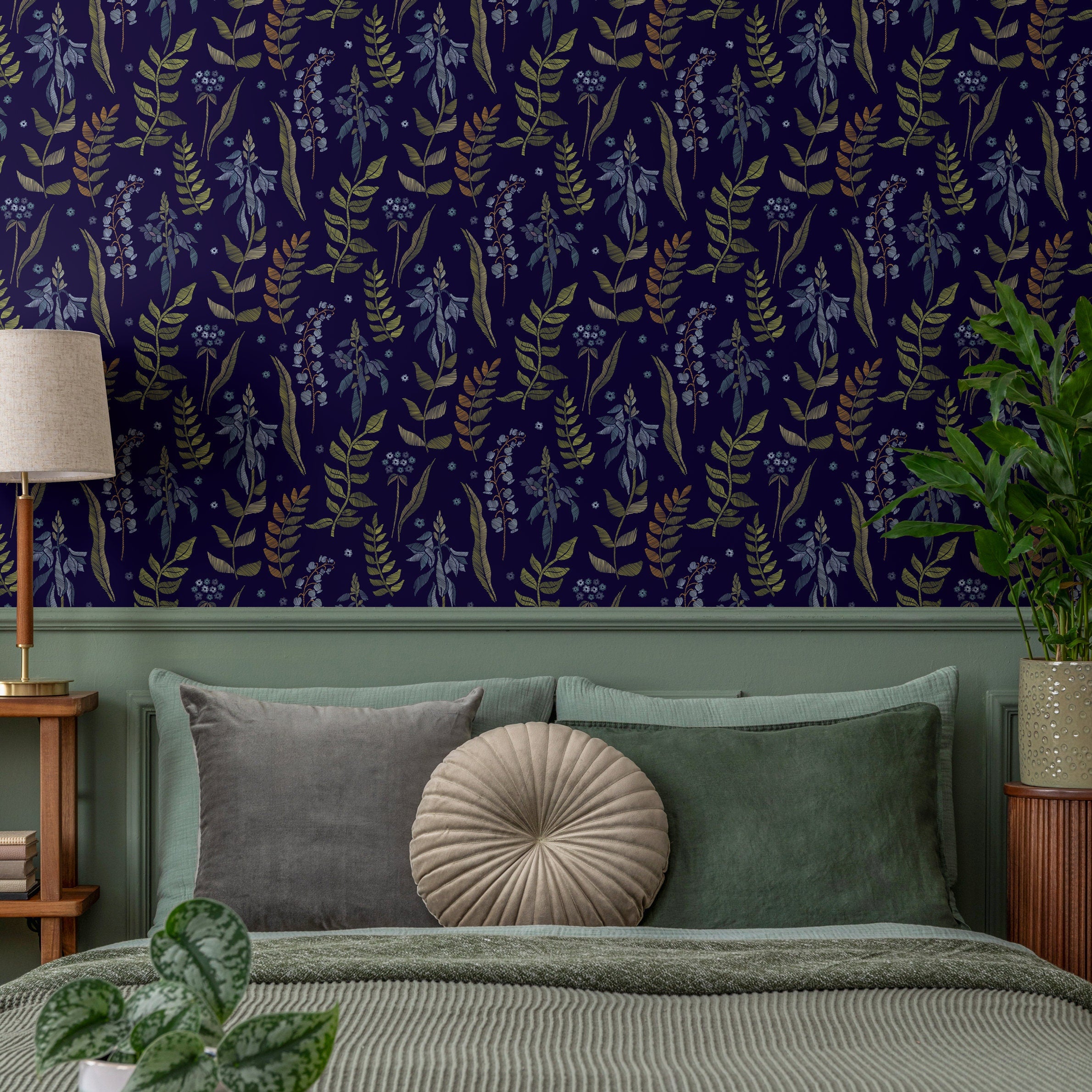 Botanical Wallpaper With A Faux Embroidery Motif In Navy Blue, Gold, And Blue - B535