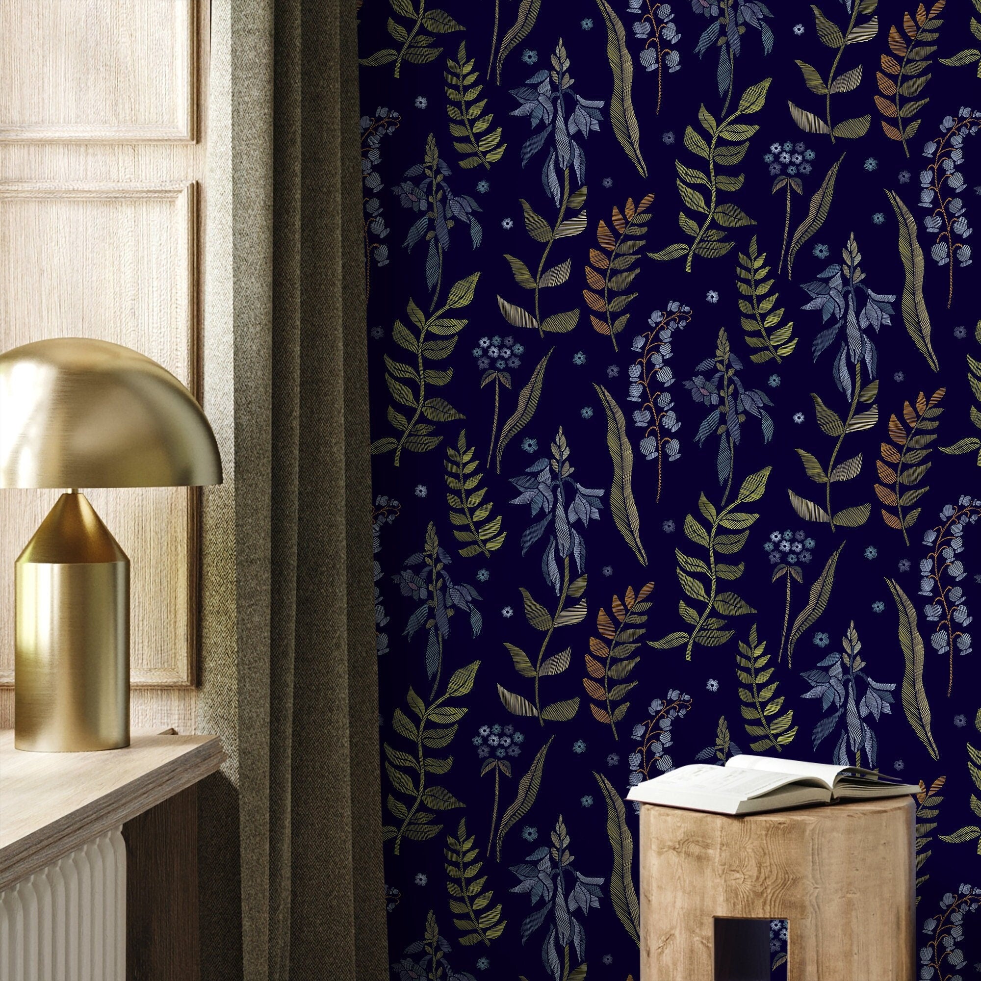 Botanical Wallpaper With A Faux Embroidery Motif In Navy Blue, Gold, And Blue - B535