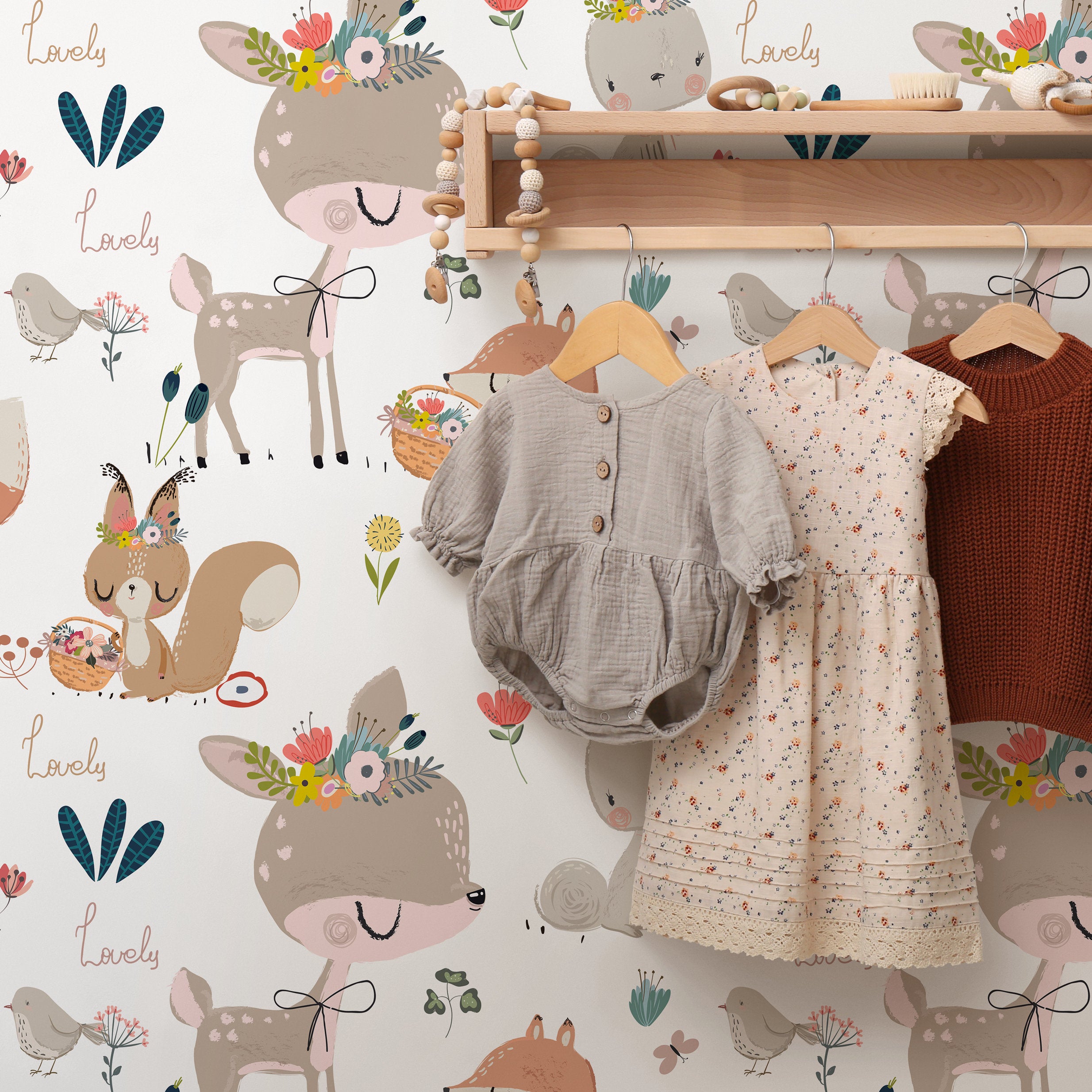 Animal Wallpaper With Floral Woodland Creatures In Brown, Pink, And Teal - B547