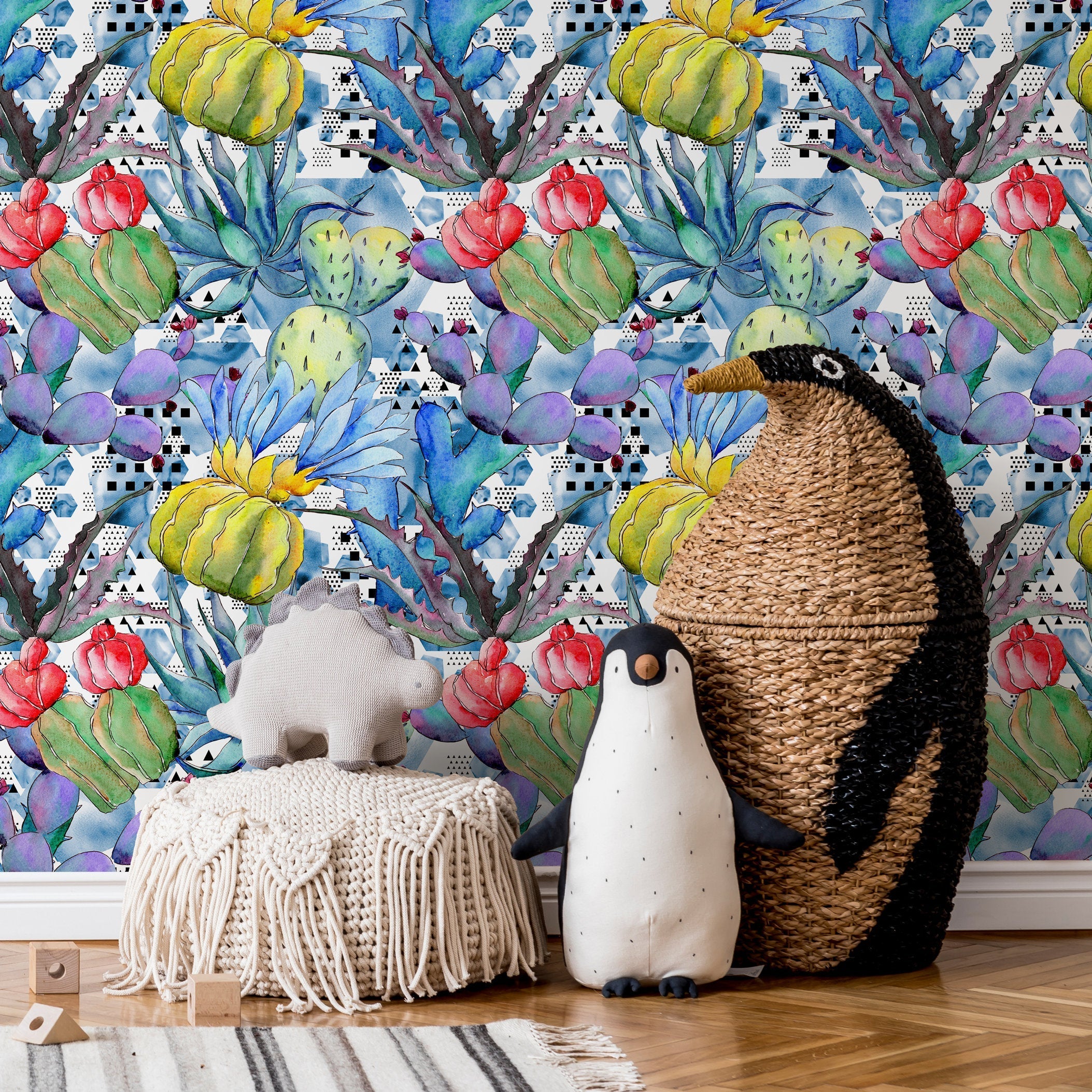 Abstract Botanical Wallpaper With Watercolor Cacti In Blue, Green, And Red - B010