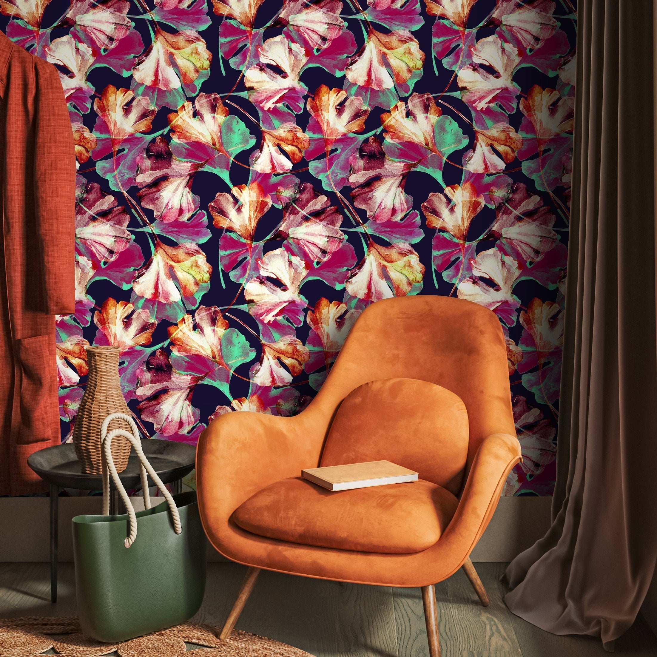 Floral Wallpaper Featuring Ginkgo Leaves In Magenta, Teal, And Orange - B017