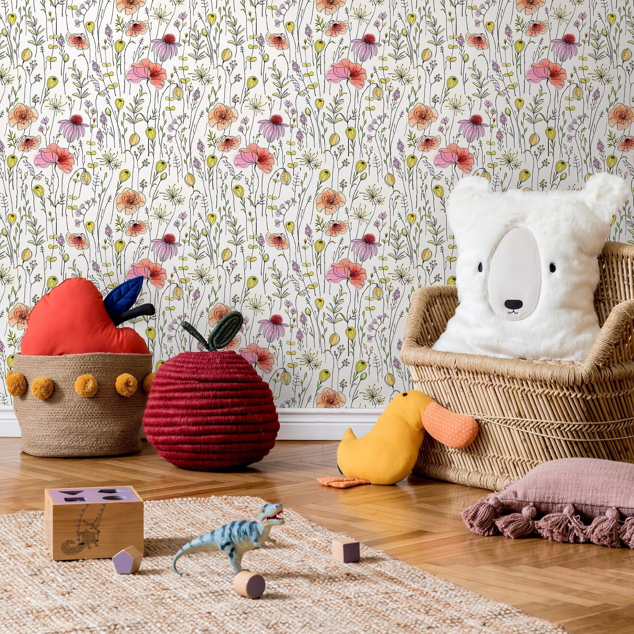 Floral Wallpaper With A Wildflower Meadow In Pink, Peach, And Yellow - B018