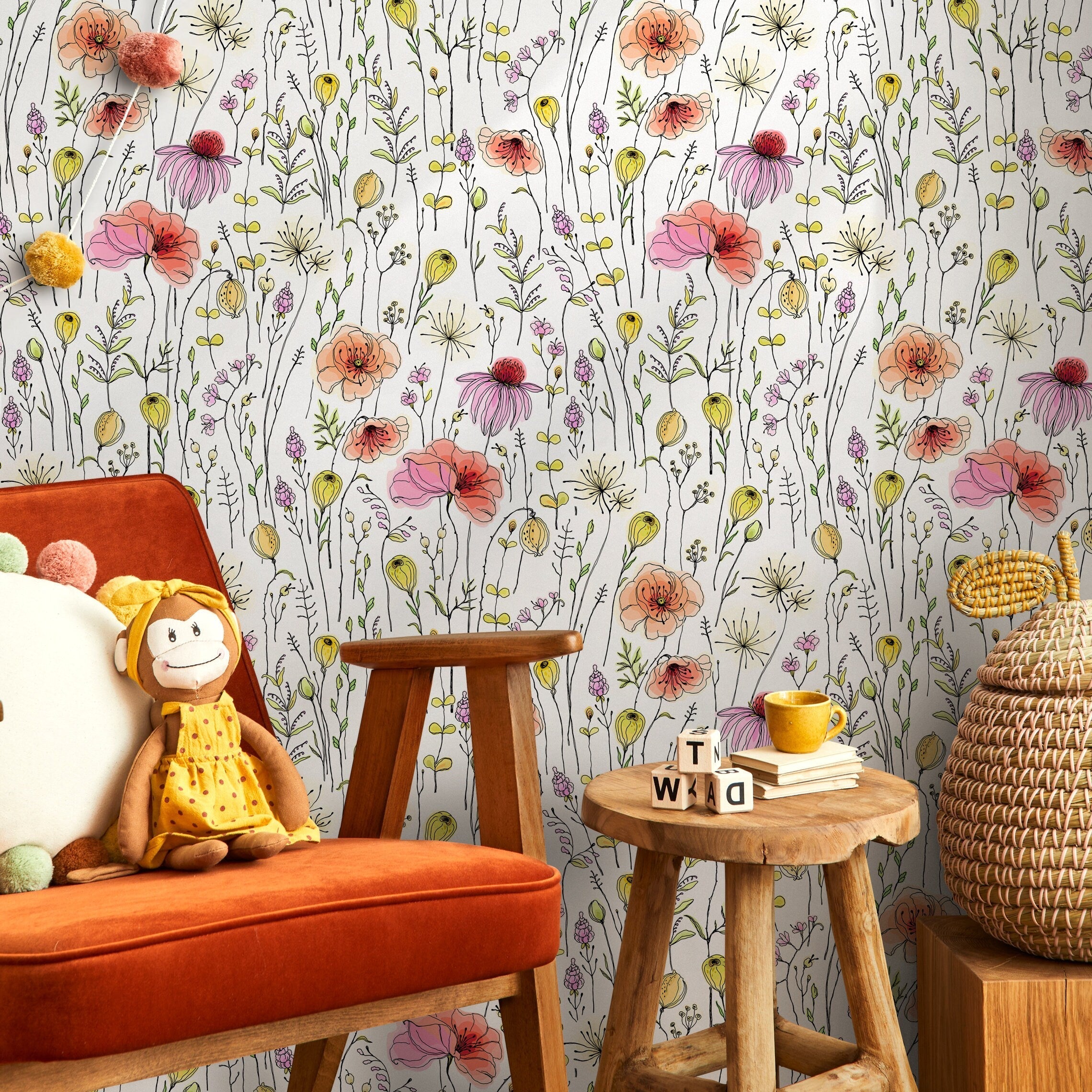 Floral Wallpaper With A Wildflower Meadow In Pink, Peach, And Yellow - B018