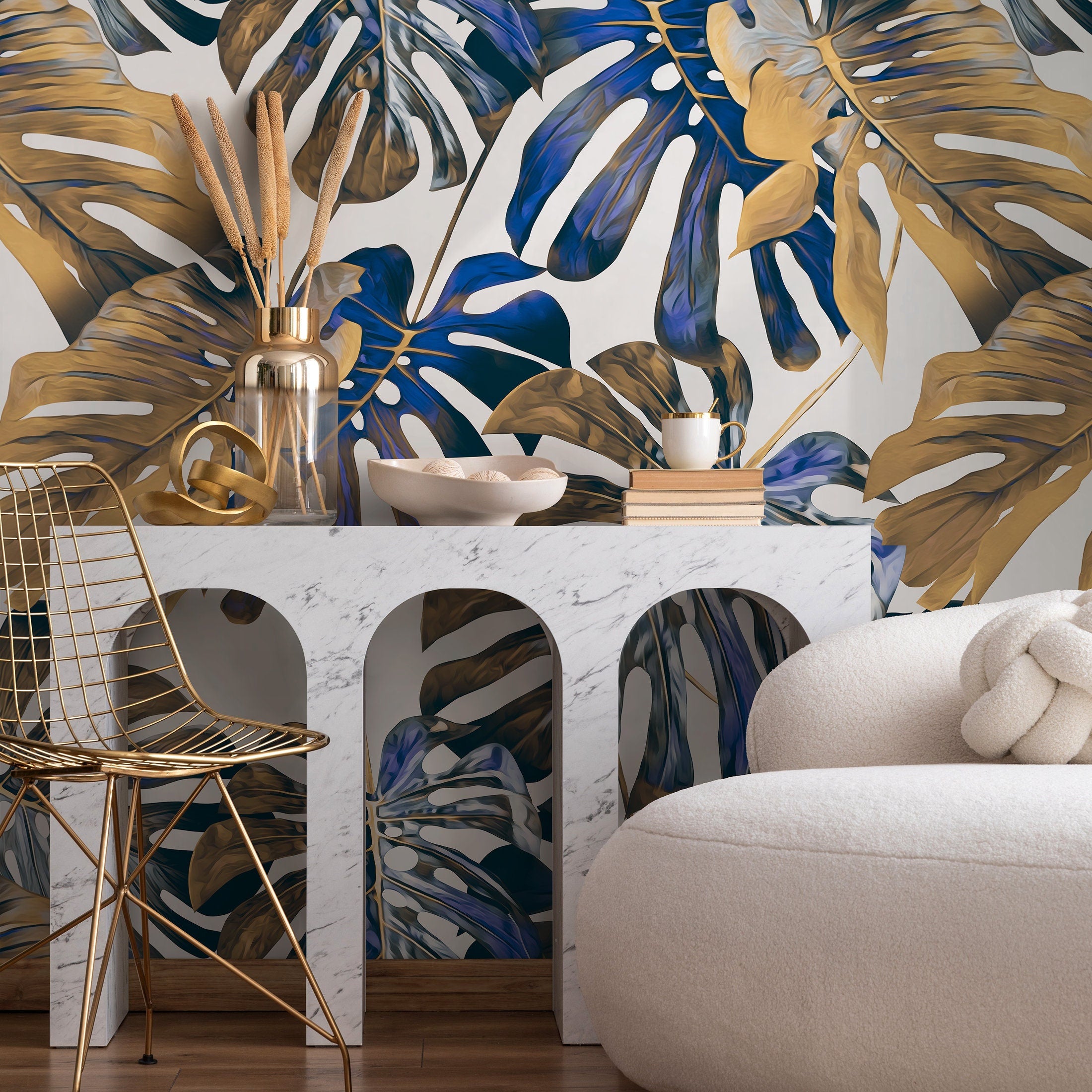 Botanical Wallpaper Featuring Bold Monstera Leaves In Gold And Blue - B019