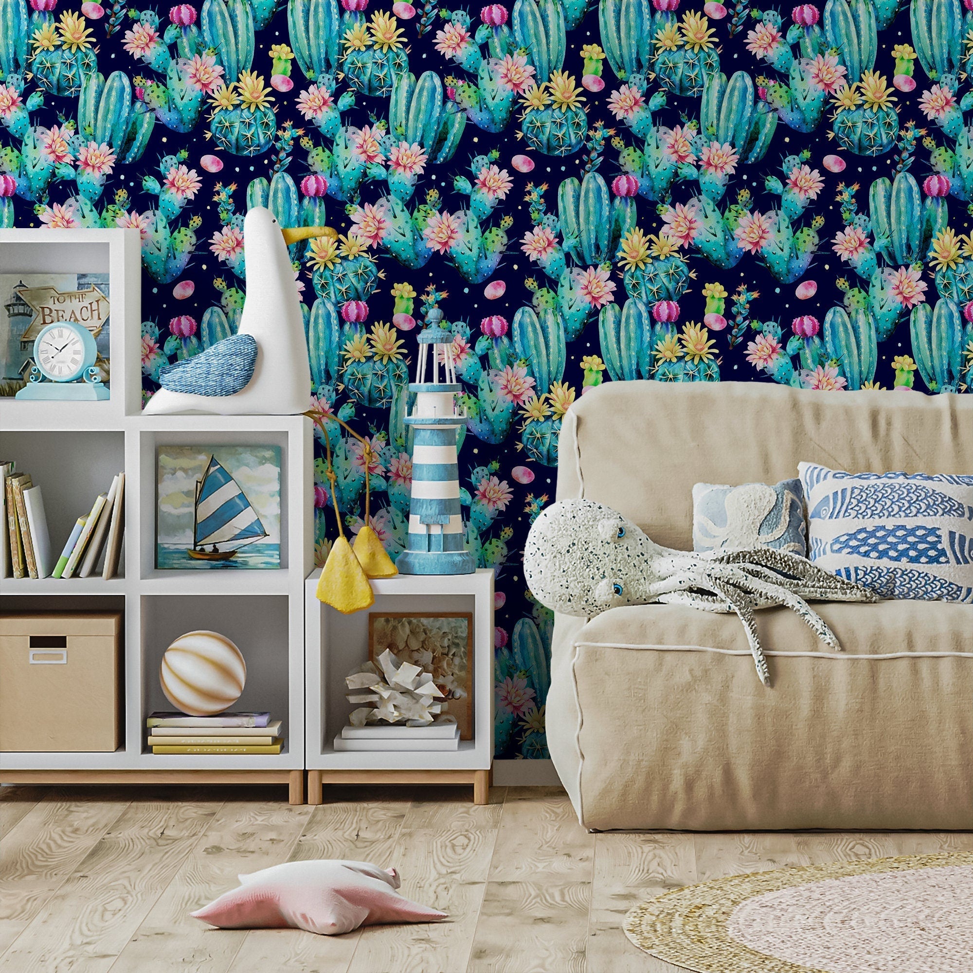 Botanical Wallpaper With A Blooming Cactus Motif In Teal, Pink, And Blue - B022
