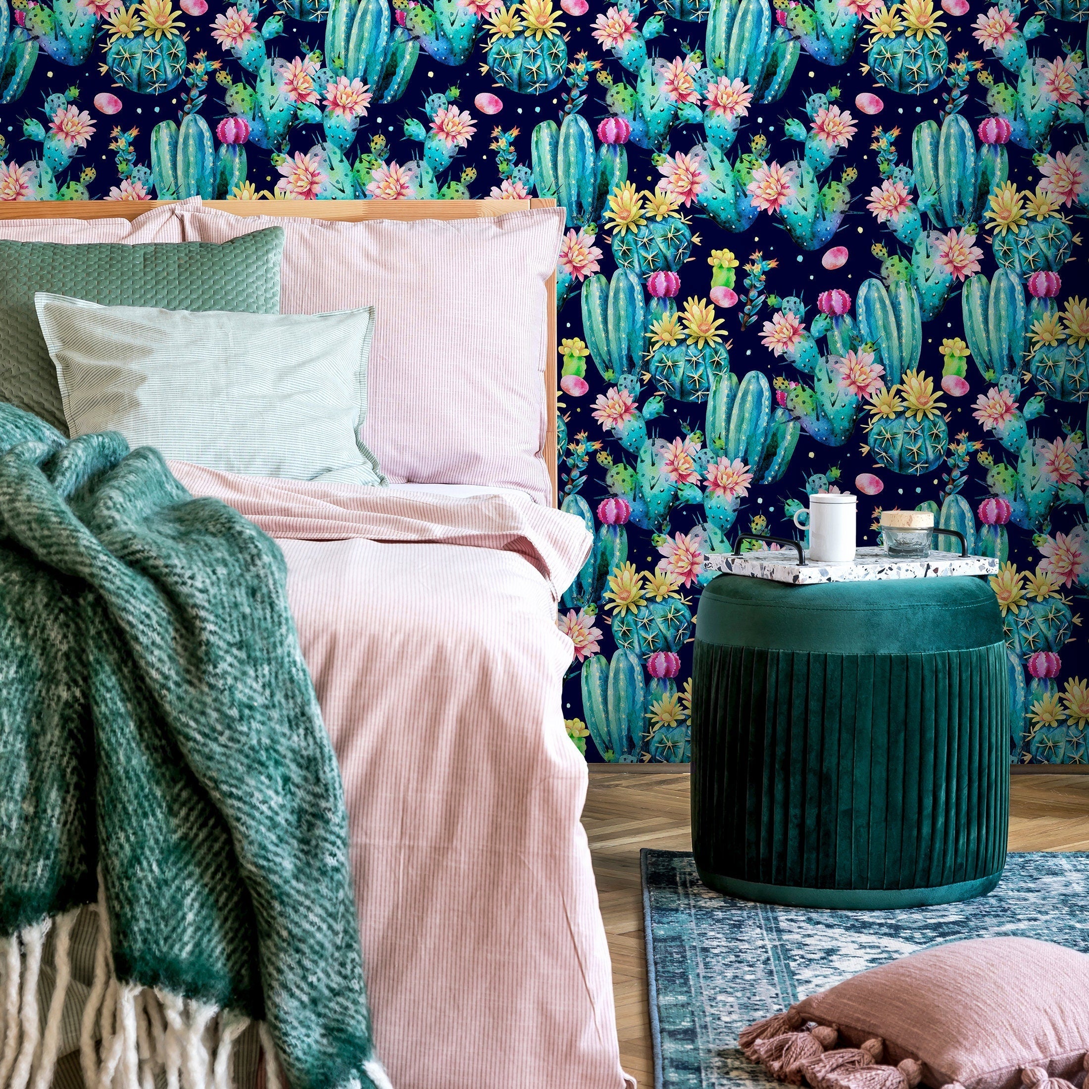 Botanical Wallpaper With A Blooming Cactus Motif In Teal, Pink, And Blue - B022