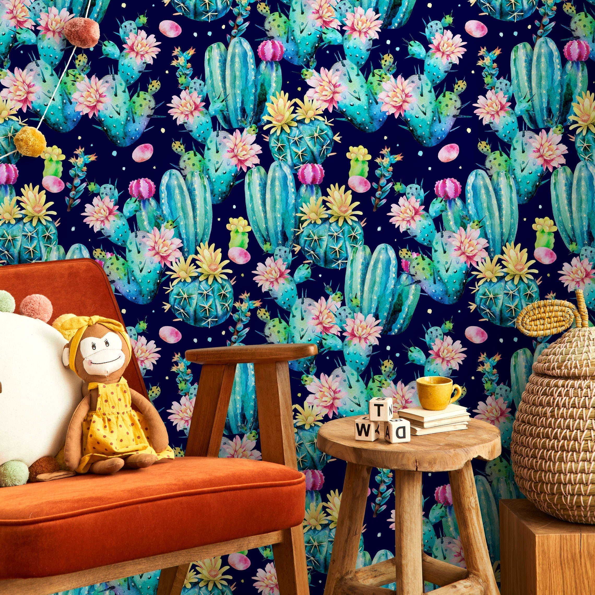 Botanical Wallpaper With A Blooming Cactus Motif In Teal, Pink, And Blue - B022
