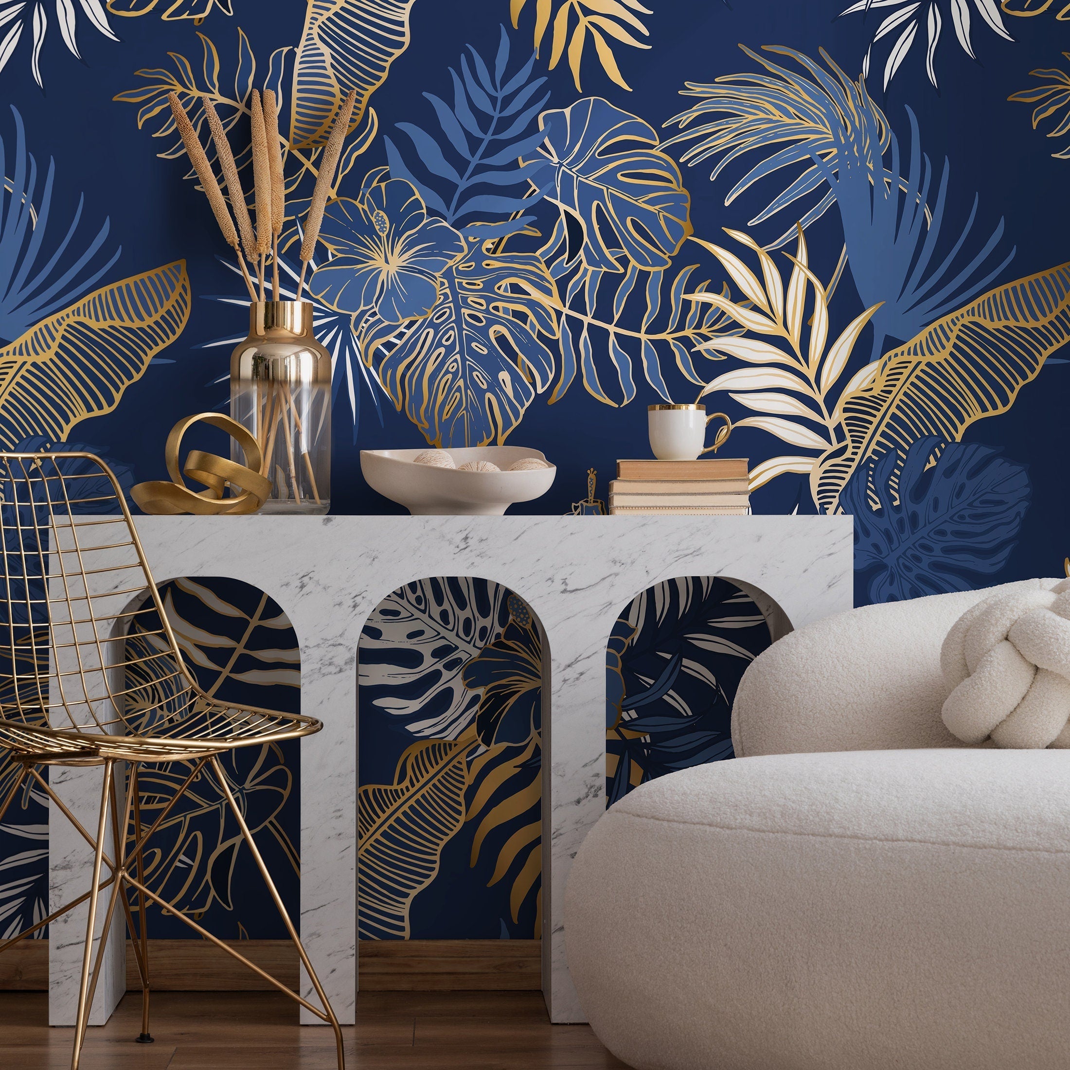 Tropical Wallpaper With Stylized Leaves And Hibiscus In Blue, White, And Gold - B024