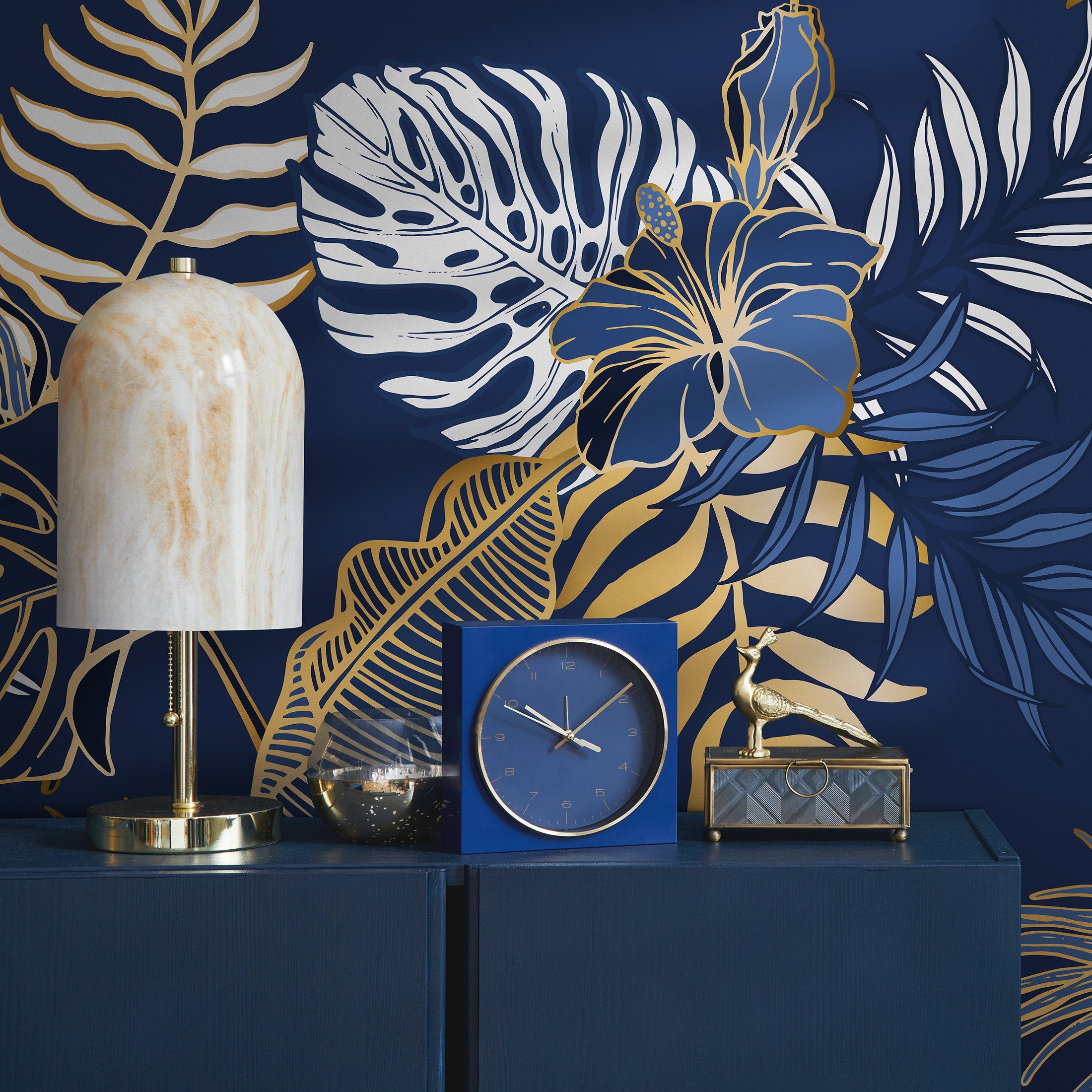 Tropical Wallpaper With Stylized Leaves And Hibiscus In Blue, White, And Gold - B024