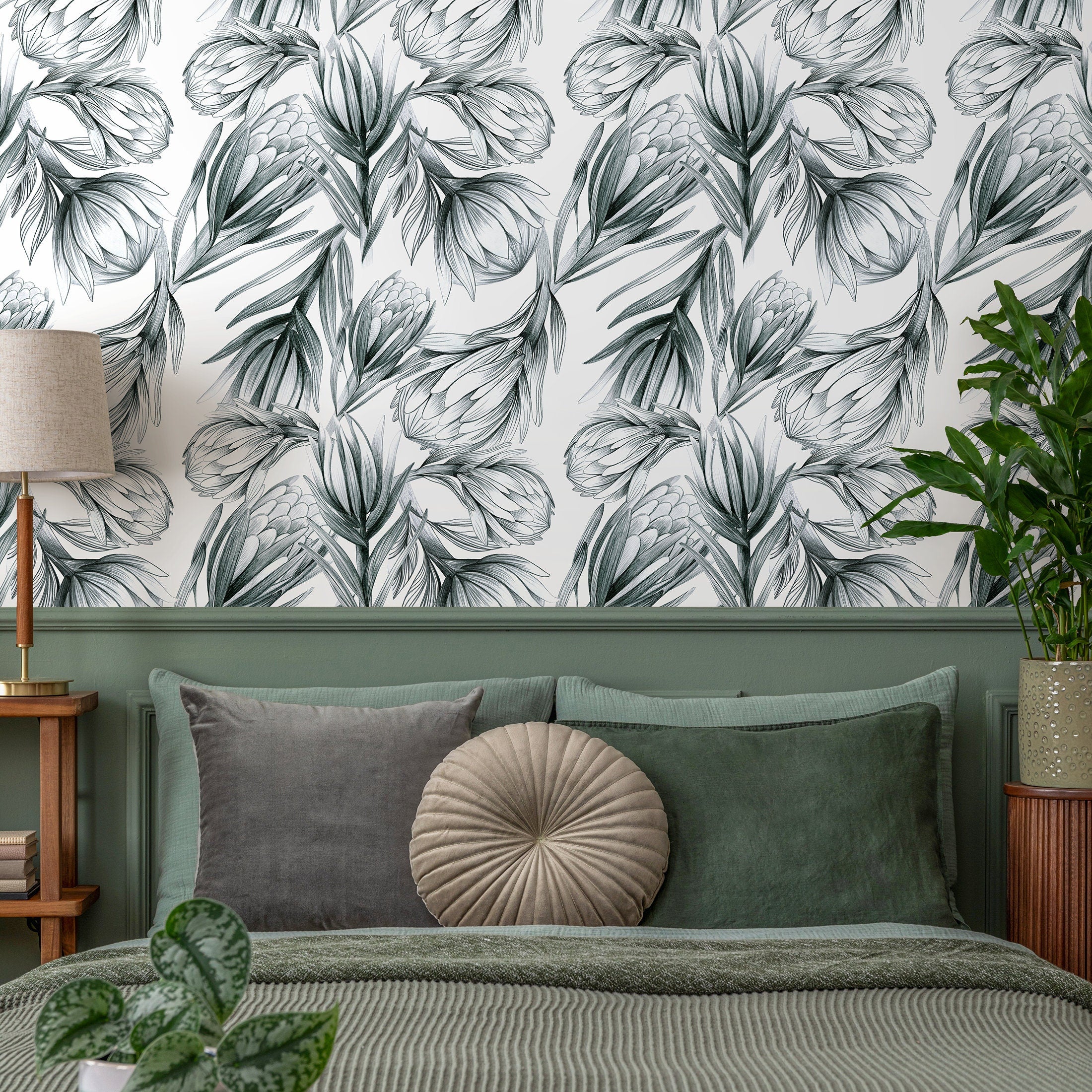 Floral Wallpaper With Hand-drawn Protea Flowers In Dark Green And Grey - B025