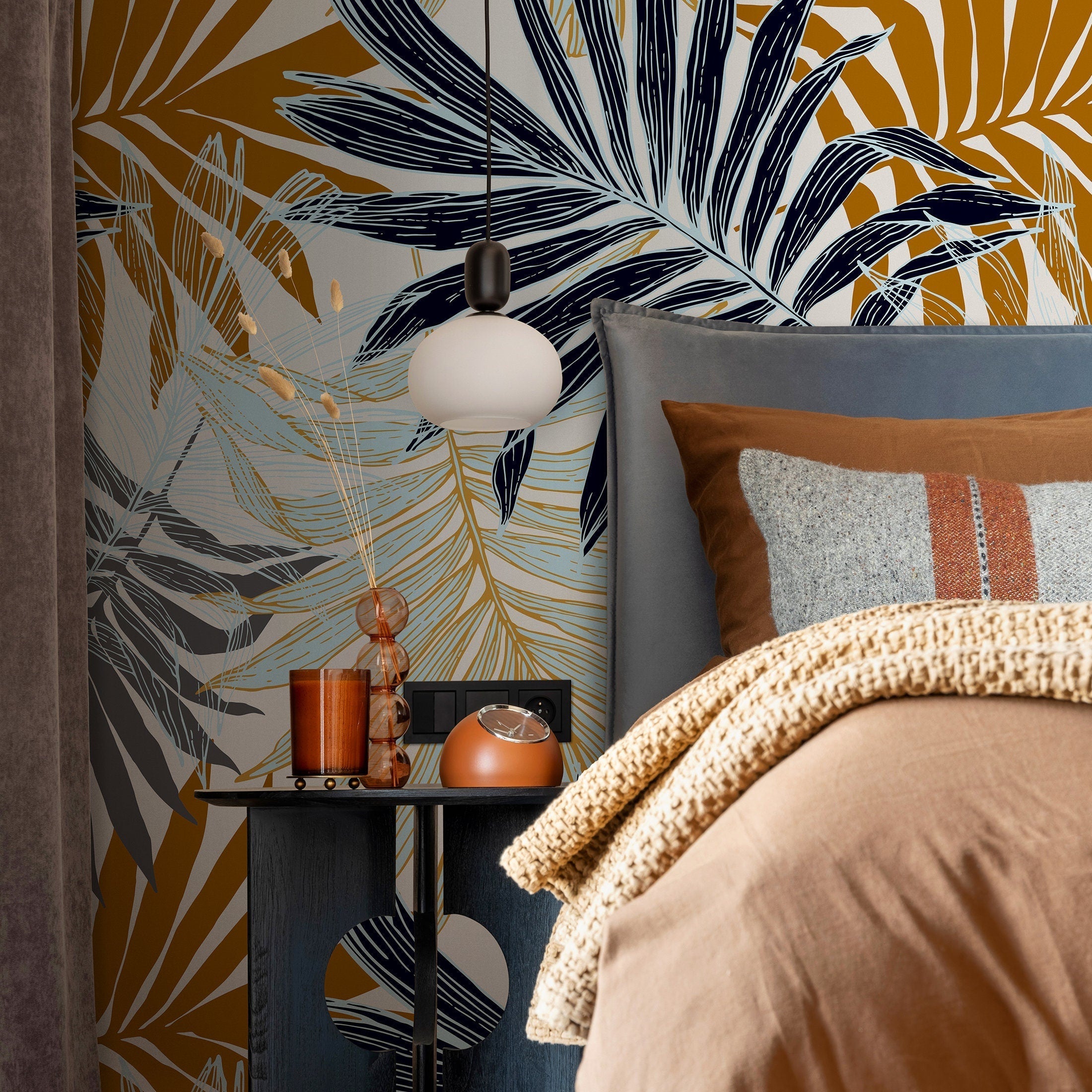 Botanical Wallpaper Featuring Overlapping Palm Leaves In Blue, Gold, And Grey - B070