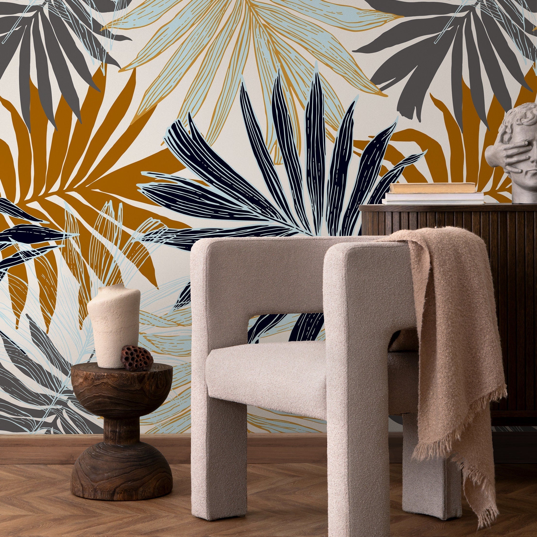 Botanical Wallpaper Featuring Overlapping Palm Leaves In Blue, Gold, And Grey - B070