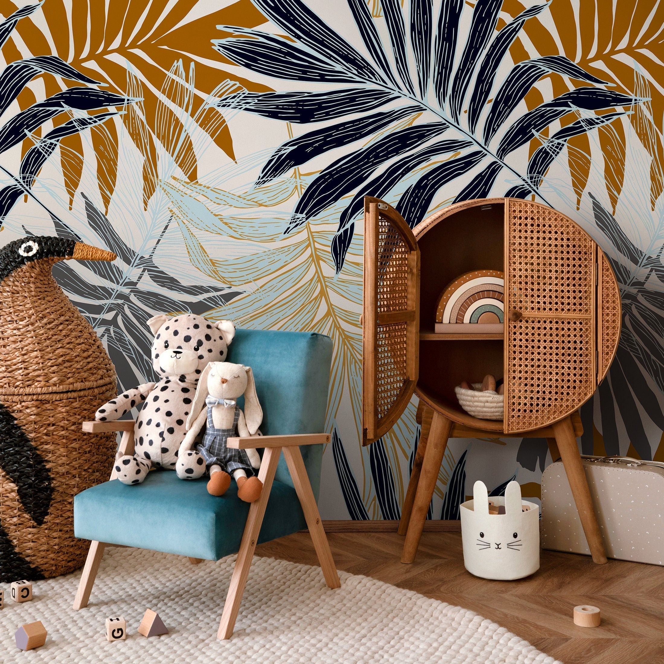 Botanical Wallpaper Featuring Overlapping Palm Leaves In Blue, Gold, And Grey - B070