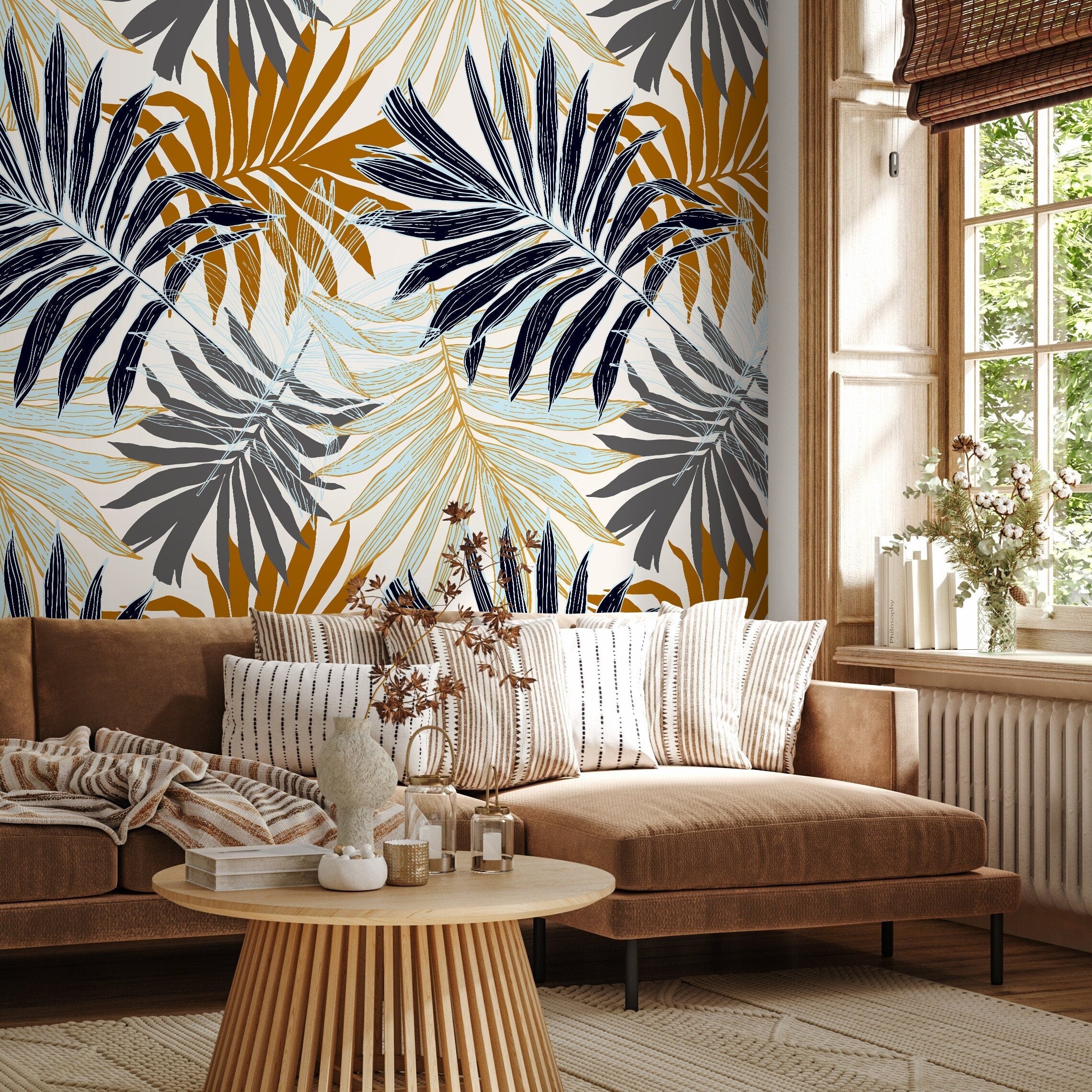 Botanical Wallpaper Featuring Overlapping Palm Leaves In Blue, Gold, And Grey - B070
