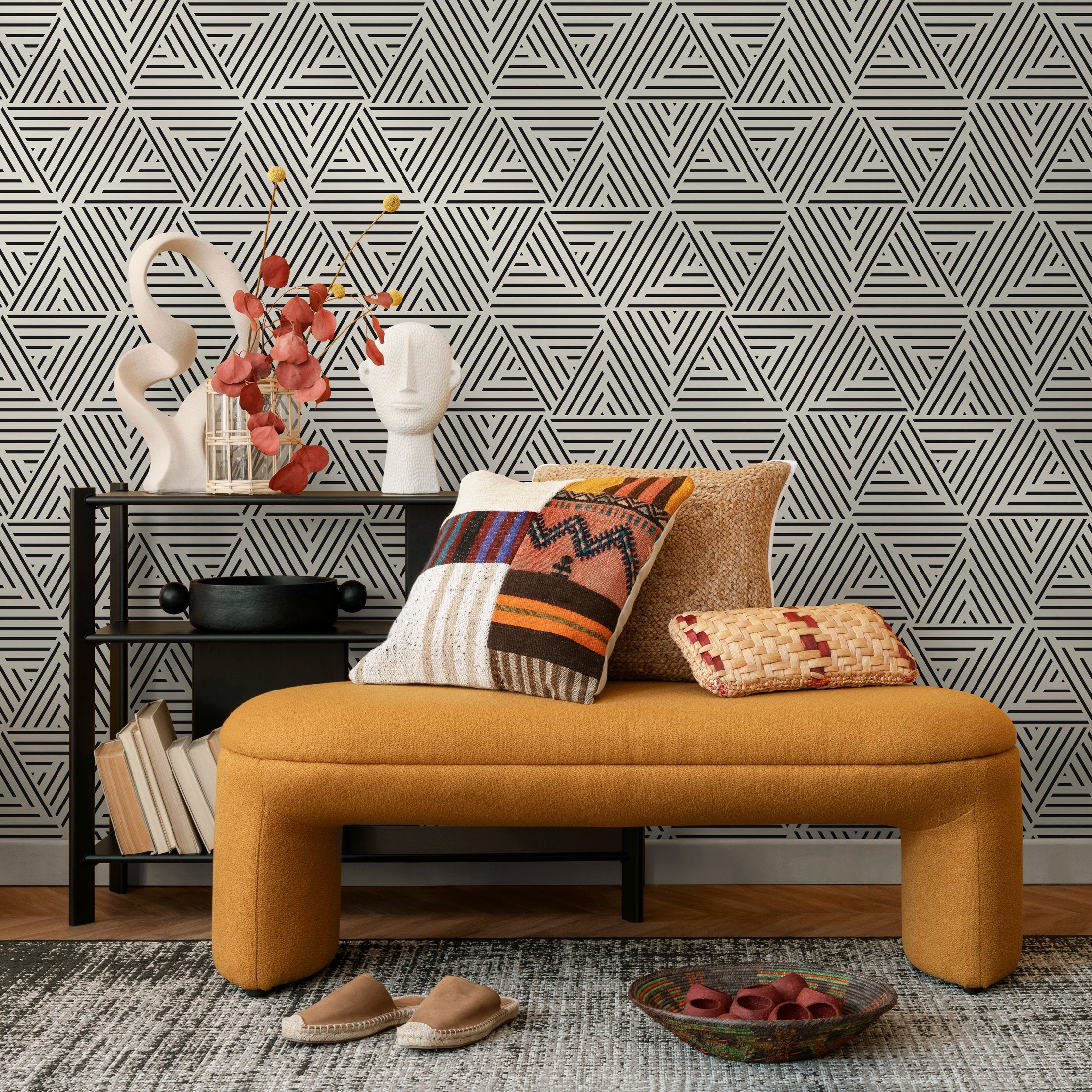Geometric Wallpaper With A Striped Triangle Motif In Black And White - B077