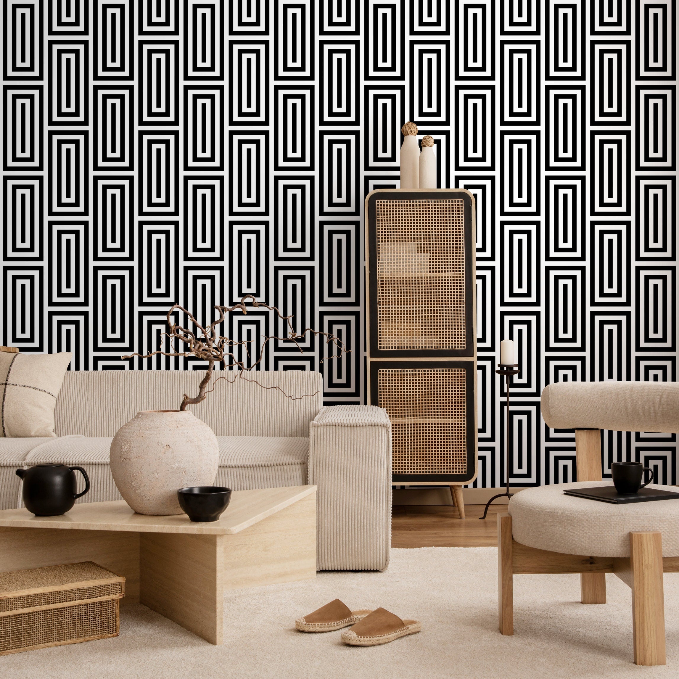 Geometric Wallpaper With A Bold Maze Motif In Black And White - B098