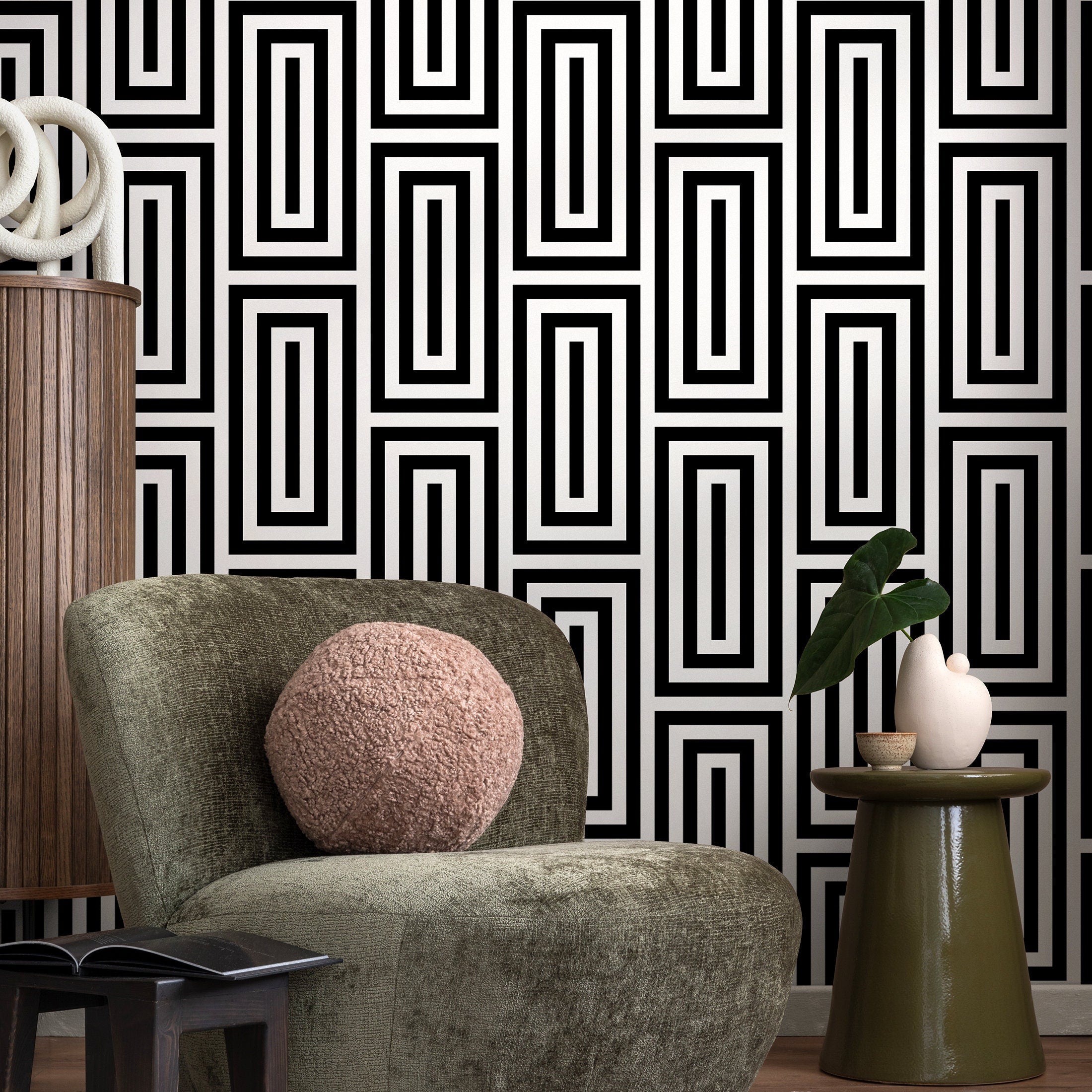 Geometric Wallpaper With A Bold Maze Motif In Black And White - B098