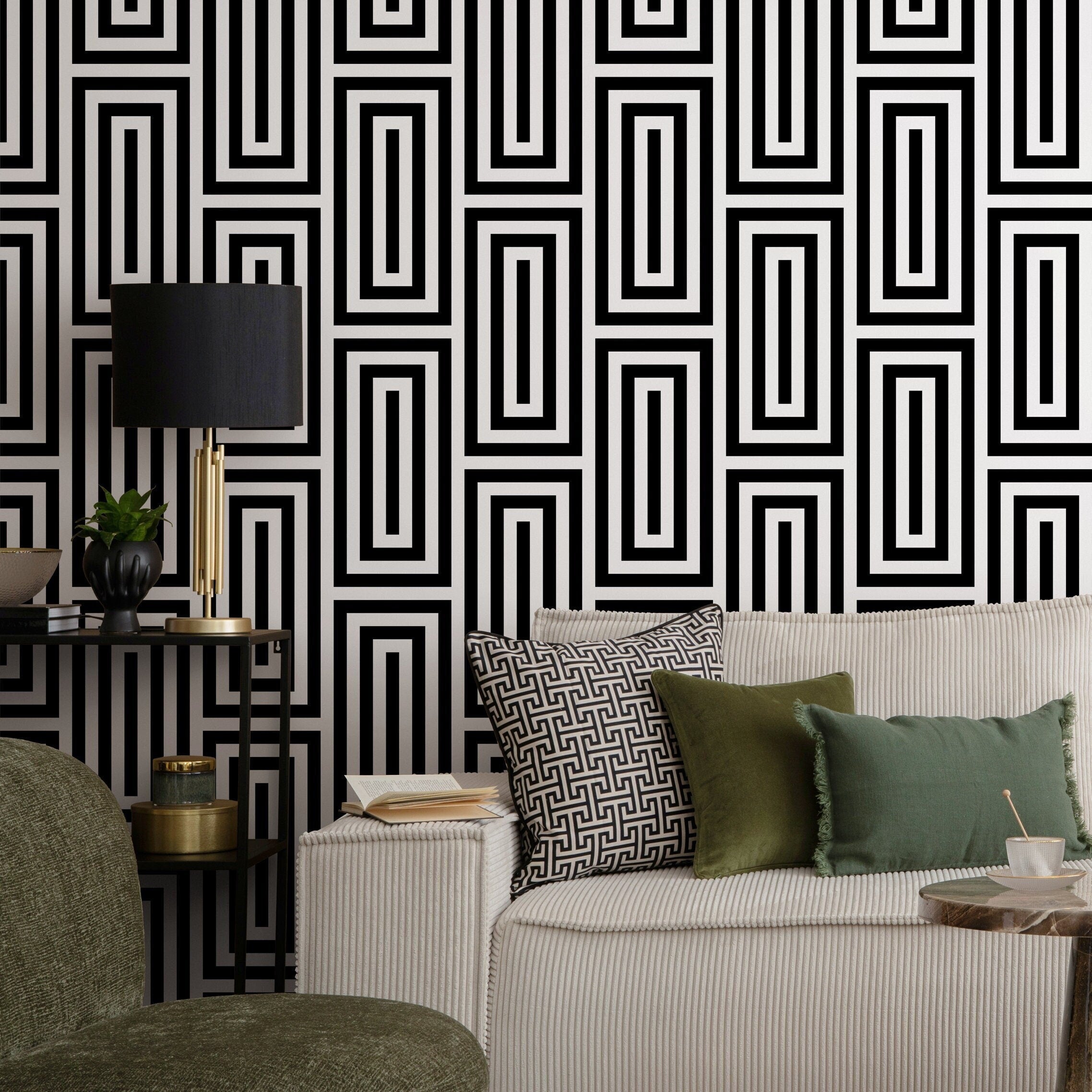 Geometric Wallpaper With A Bold Maze Motif In Black And White - B098