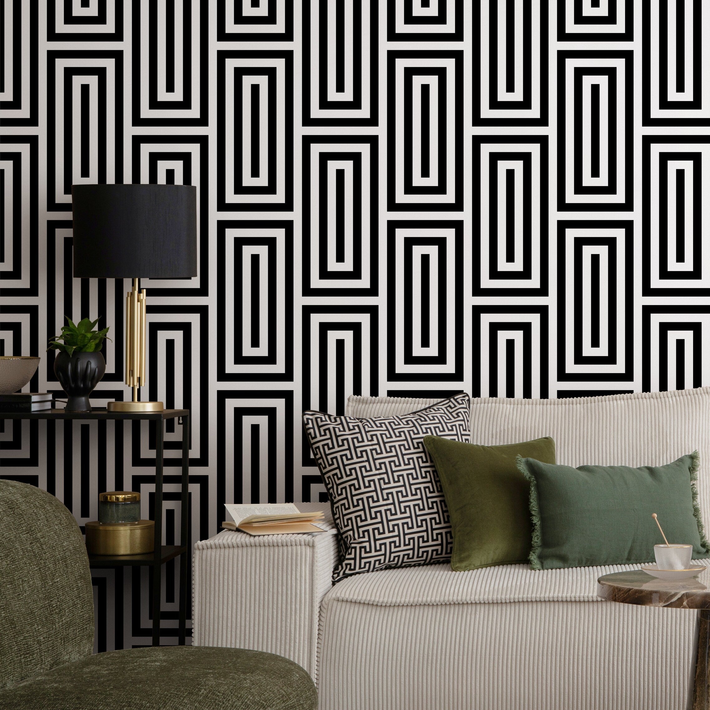 Geometric Wallpaper With Interlocking Rectangles In Black And White - B098