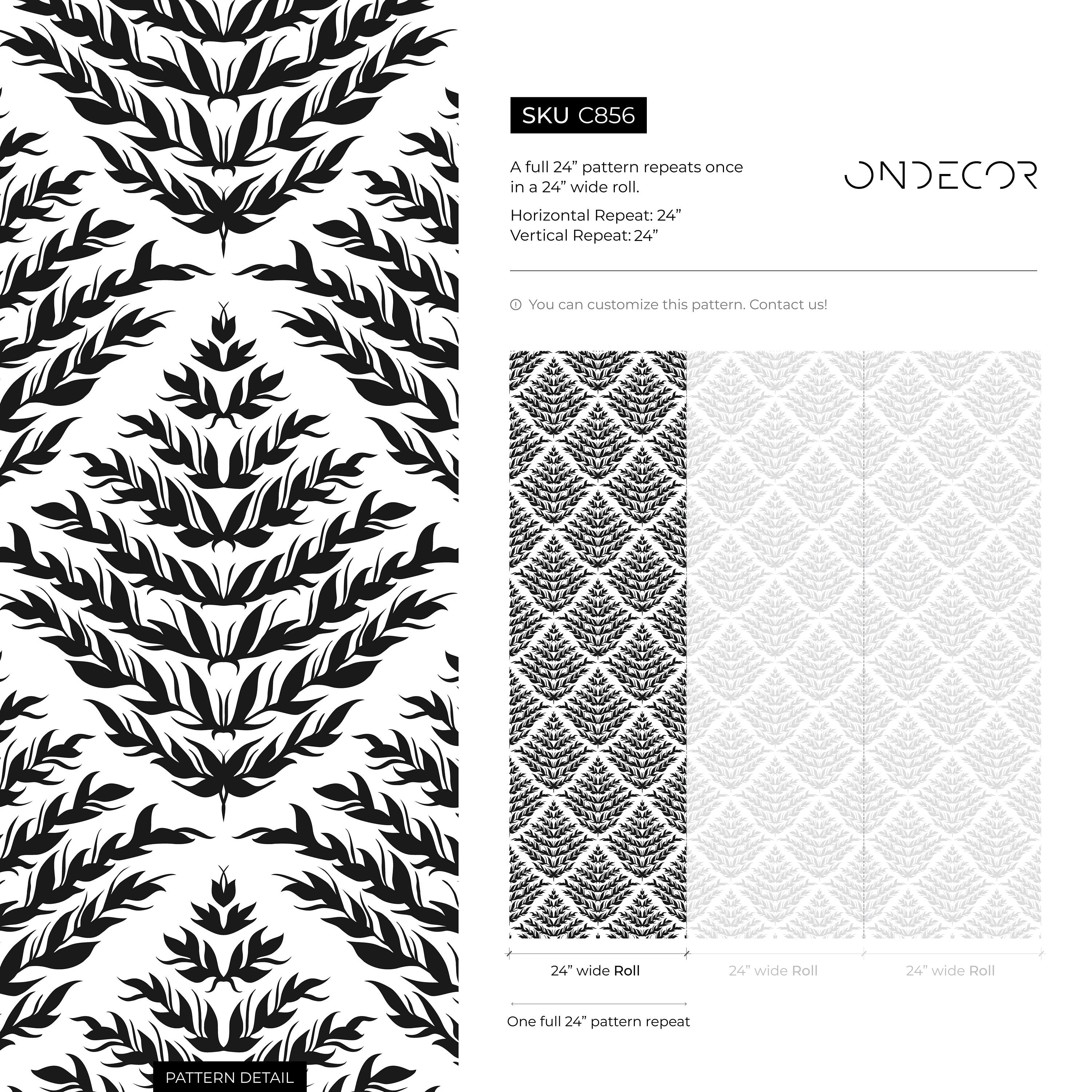 Botanical Wallpaper With A Geometric Leaf Motif In Black And White - C856
