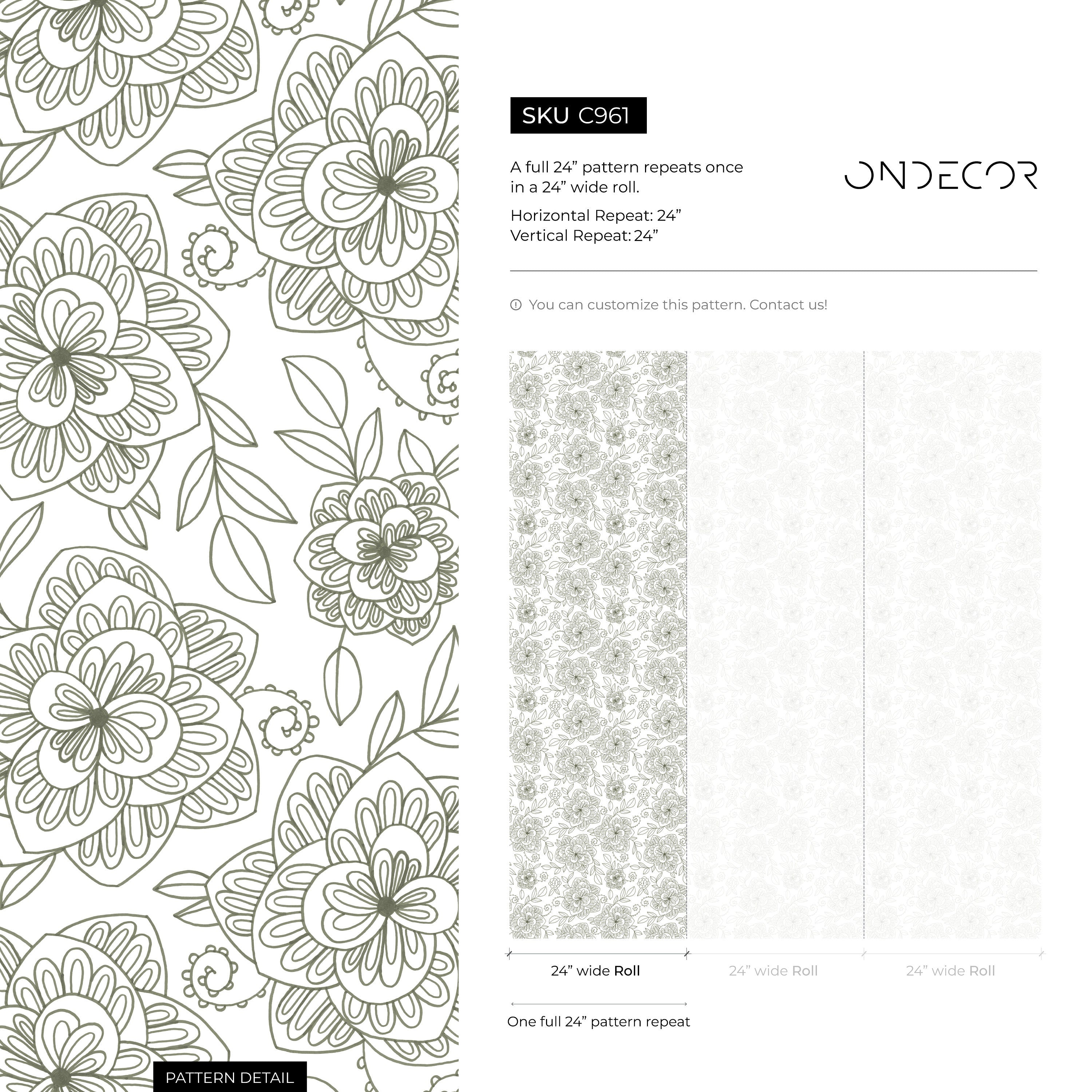 Boho Floral Wallpaper With Intricate Line Art In Sage Green - C961