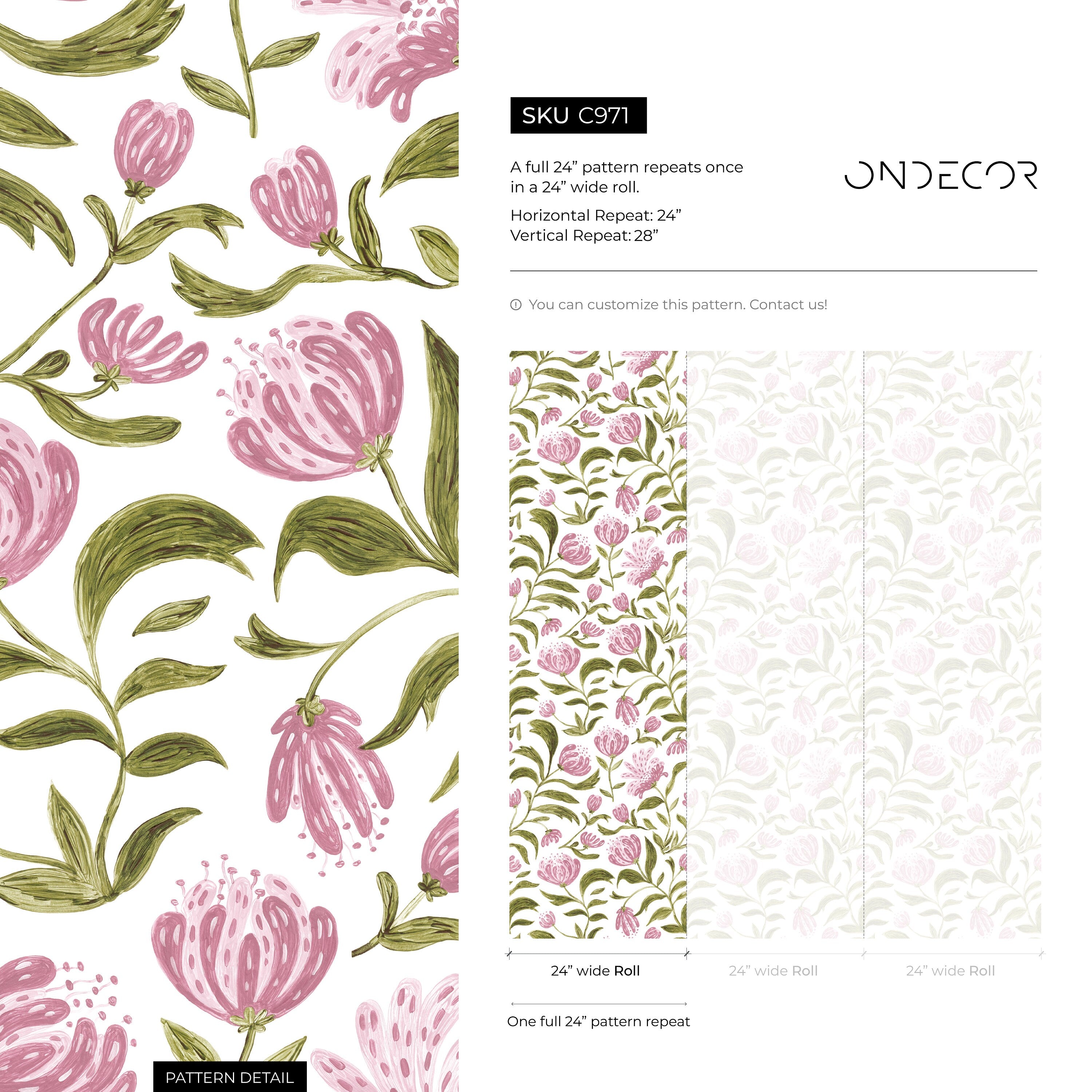 Floral Wallpaper Featuring Hand-painted Blooms In Pink And Green - C971