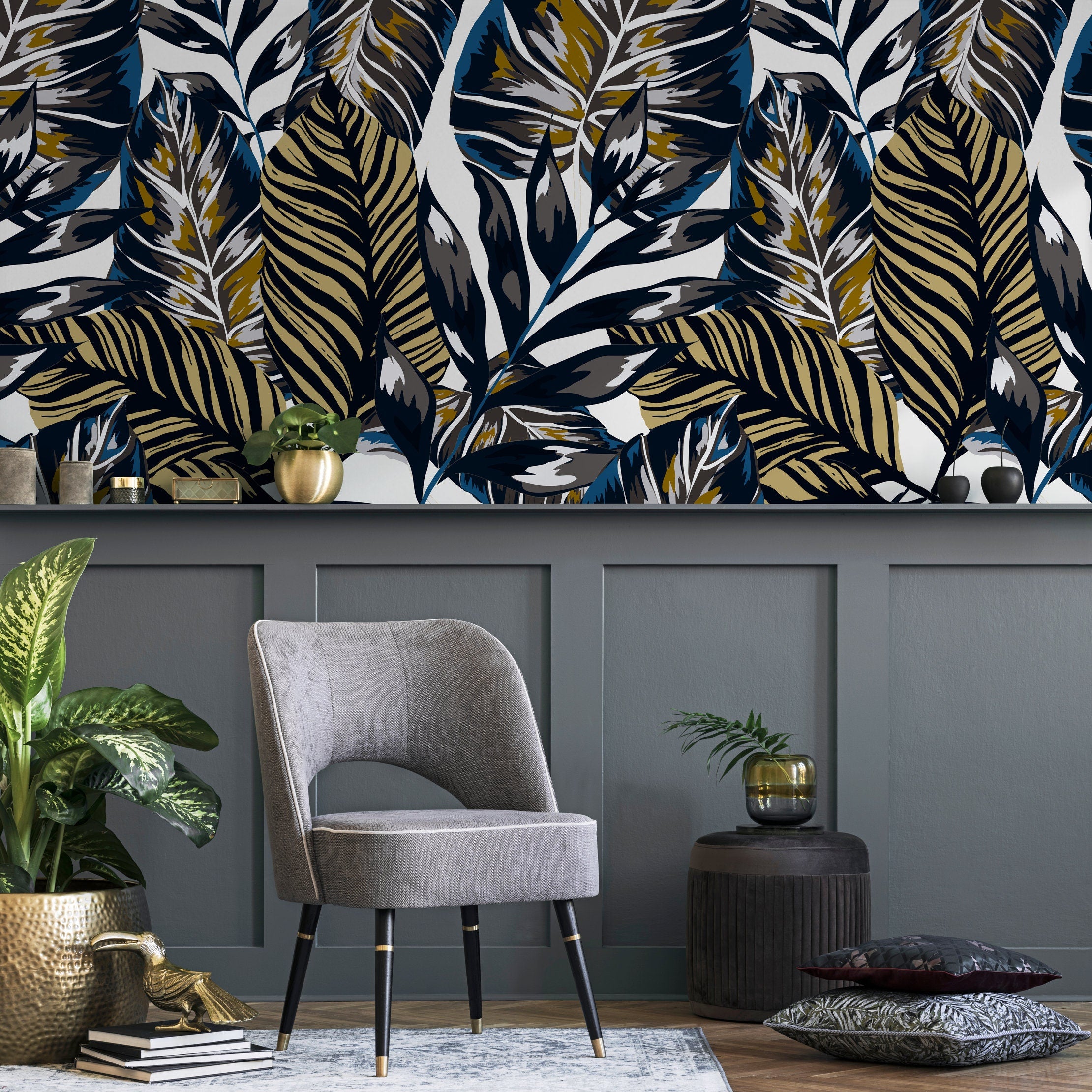 Botanical Wallpaper Featuring Bold Tropical Leaves In Blue, Gold, And Grey - B134