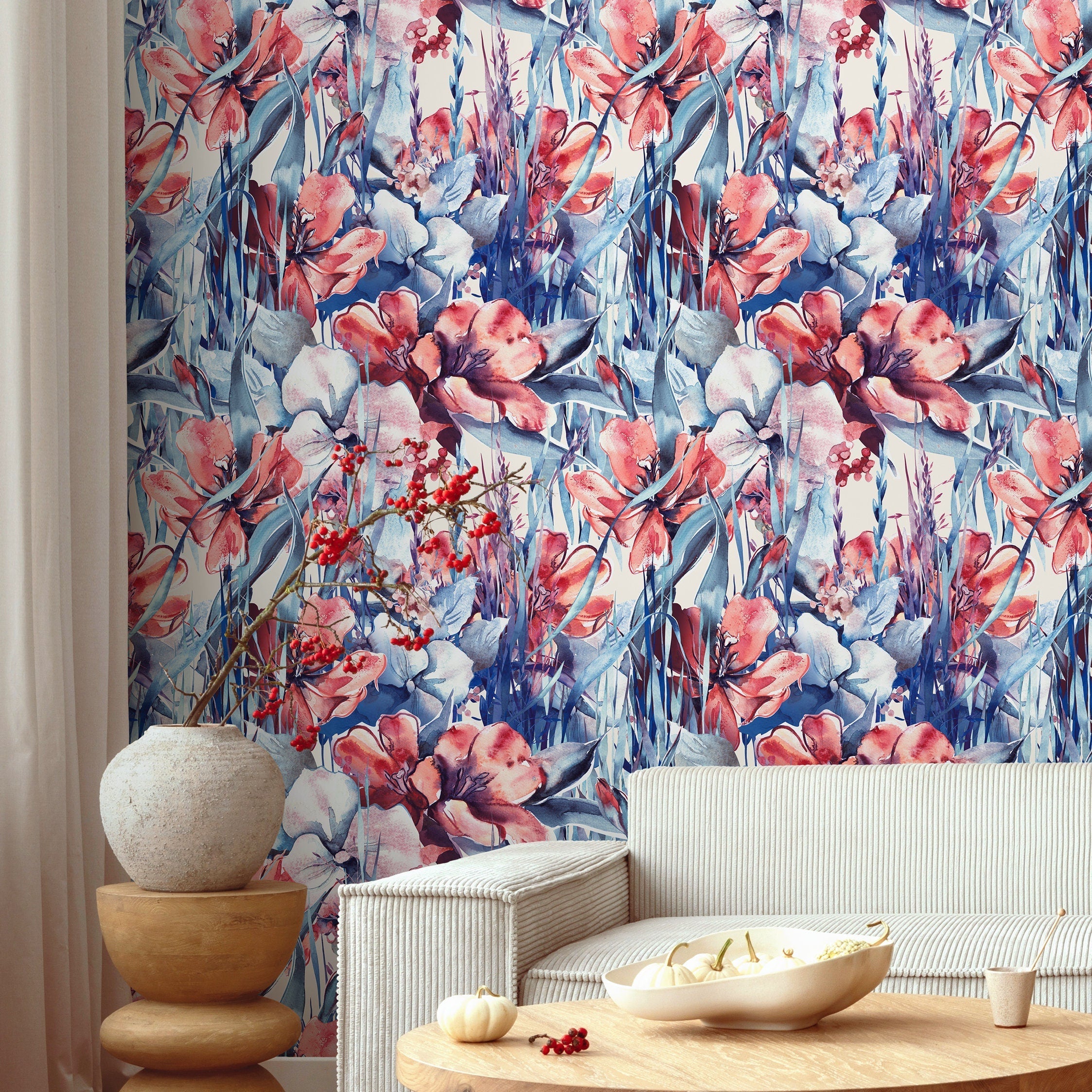 Floral Wallpaper With A Watercolor Style In Blue, Coral, And Red - B160