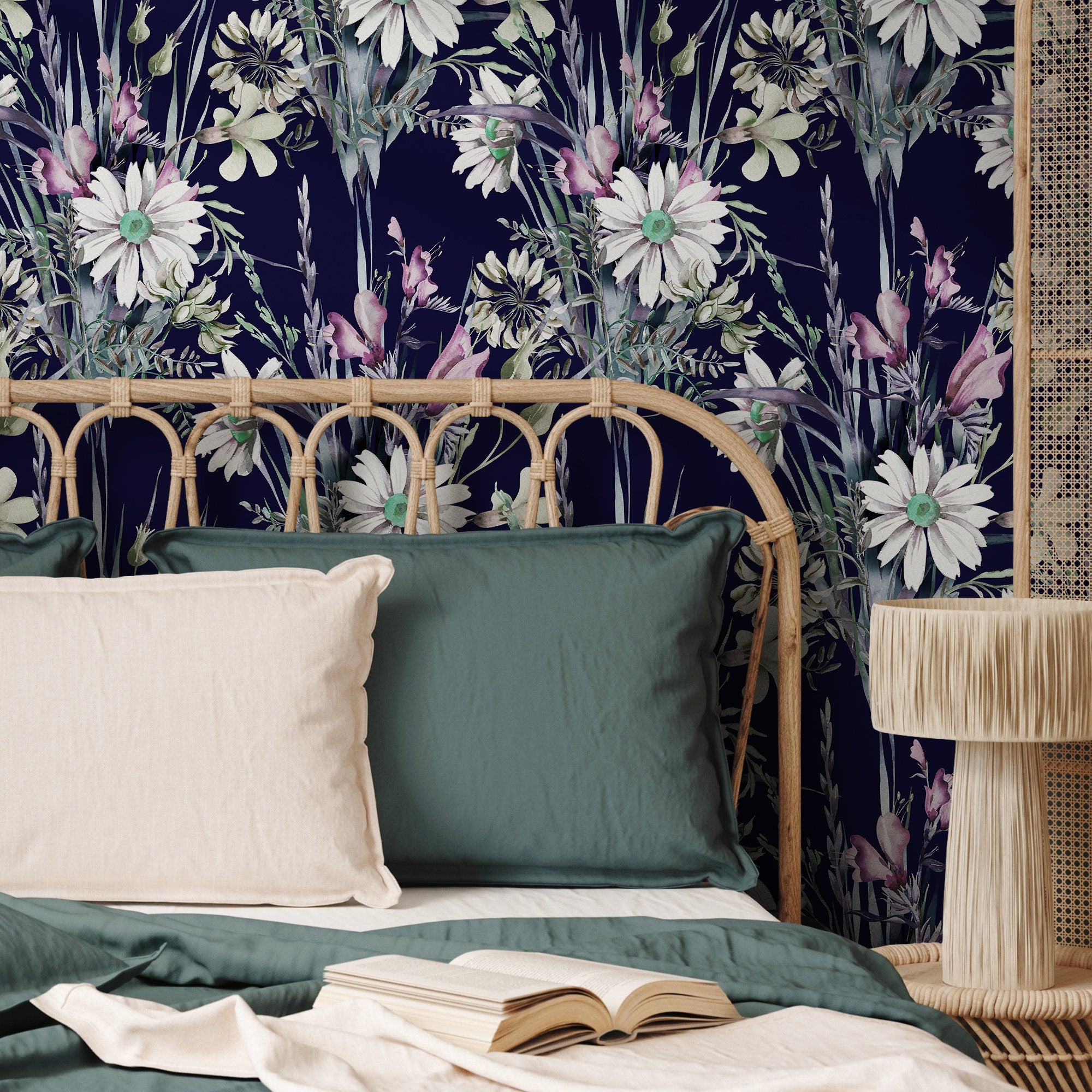 Floral Wallpaper With Watercolor Wildflowers In Navy Blue, Pink, And Green - B161