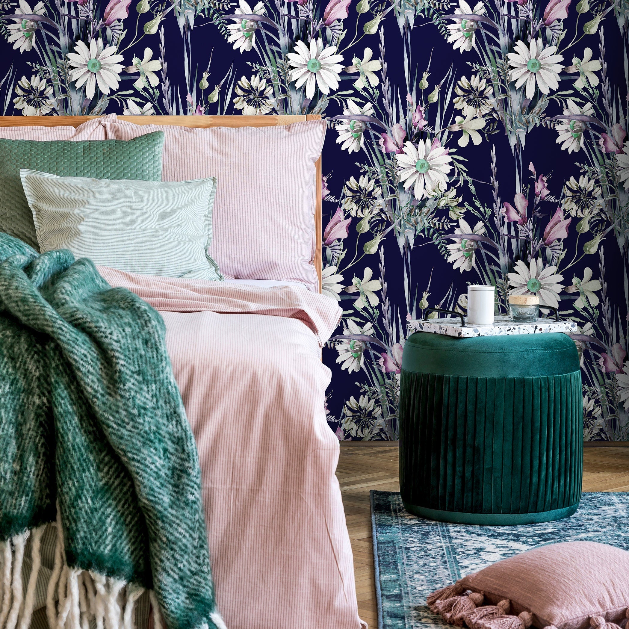 Floral Wallpaper With Watercolor Wildflowers In Navy Blue, Pink, And Green - B161