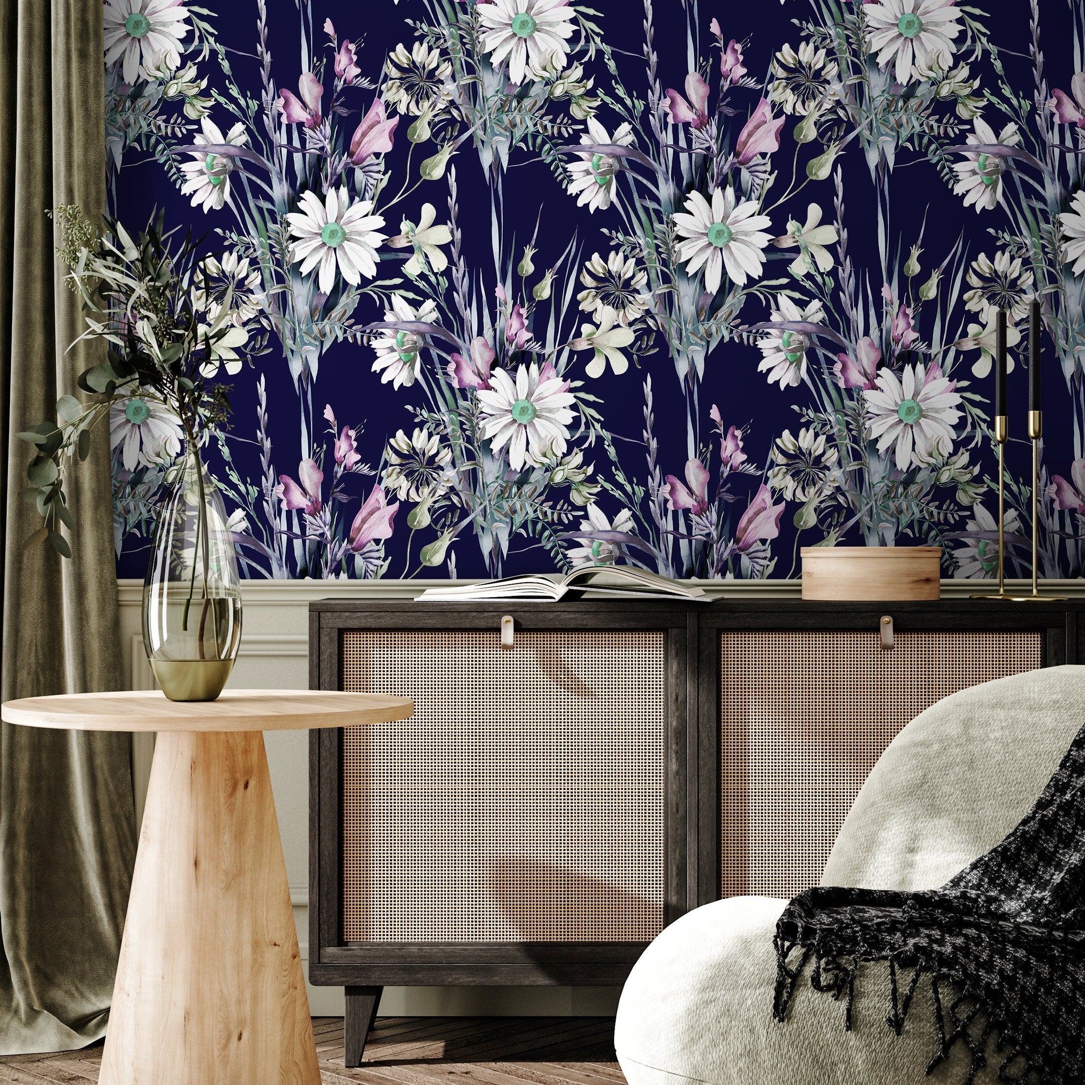 Floral Wallpaper With Watercolor Wildflowers In Navy Blue, Pink, And Green - B161