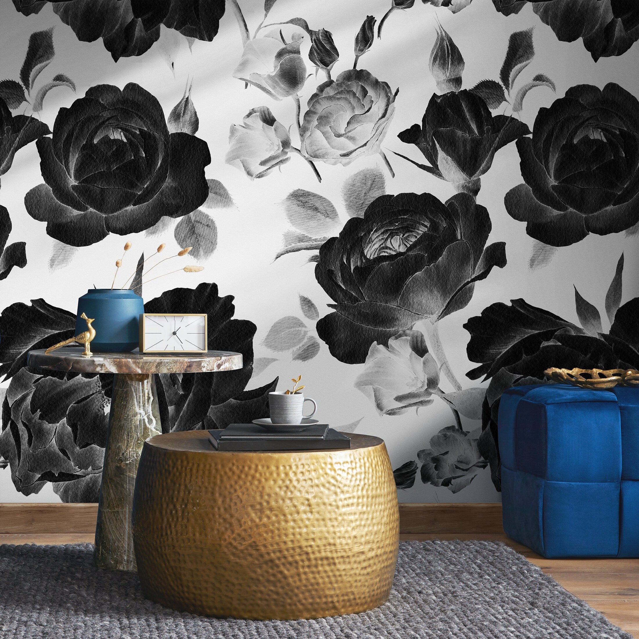 Floral Wallpaper With A Dramatic Rose Motif In Black And Gray - B162