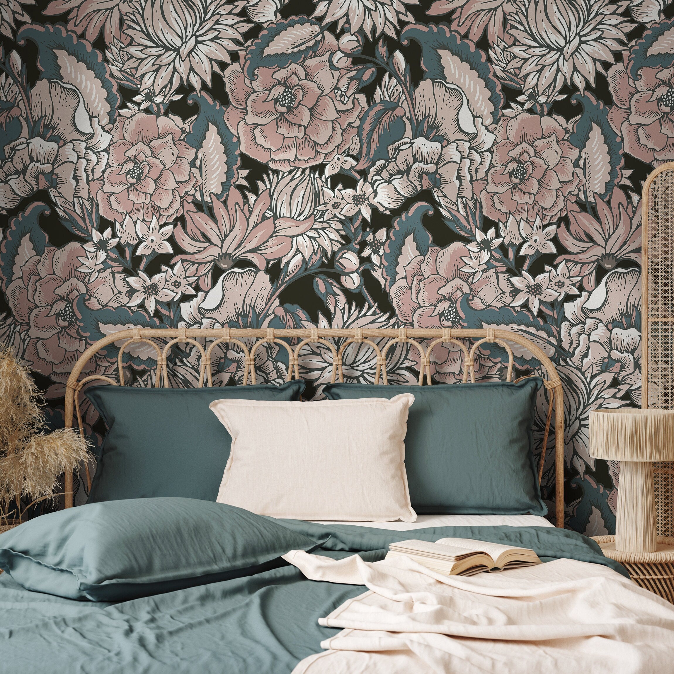 Floral Wallpaper With A Vintage Etched Motif In Pink, Slate Blue, And Black - B164