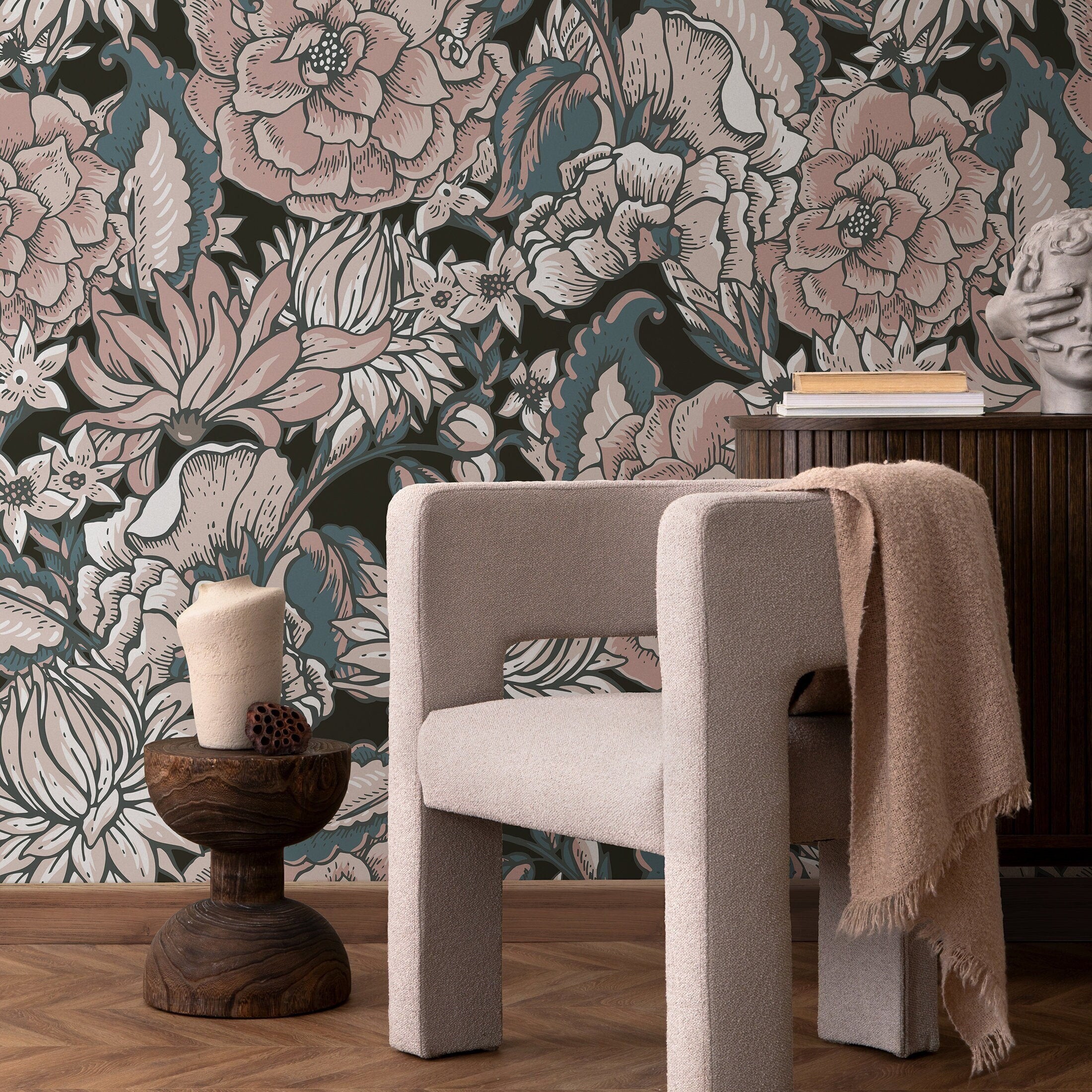 Floral Wallpaper With A Vintage Etched Motif In Pink, Slate Blue, And Black - B164