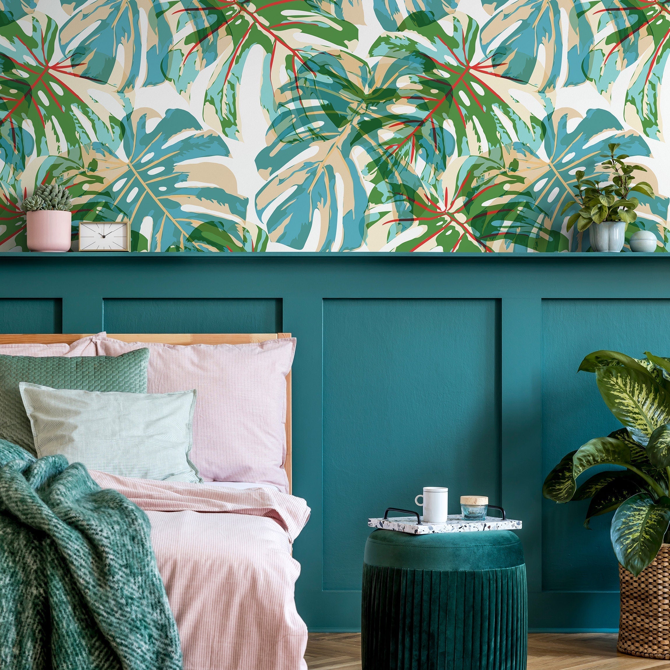 Tropical Wallpaper With Pop Art Monstera Leaves In Green, Blue, And Red - B174