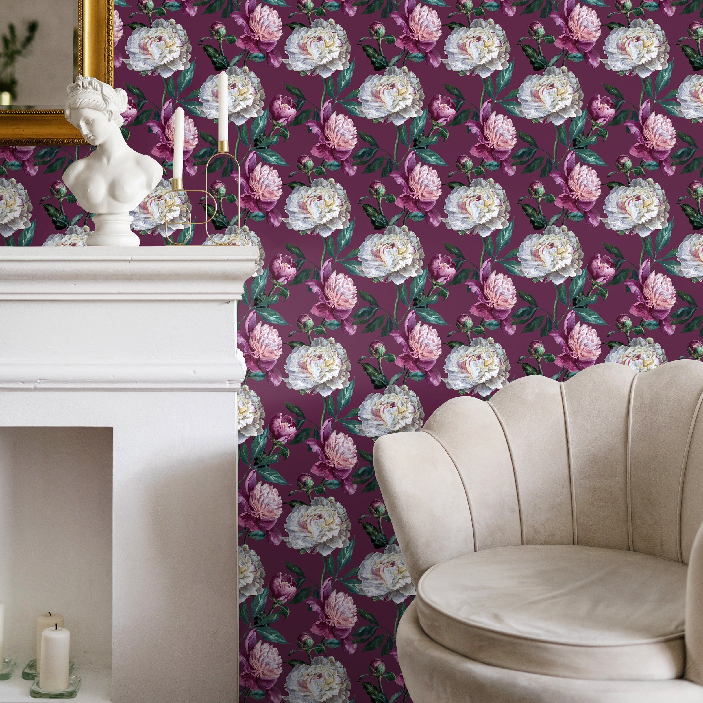 Floral Wallpaper With Painted Peonies In Purple, Pink, And White - B183