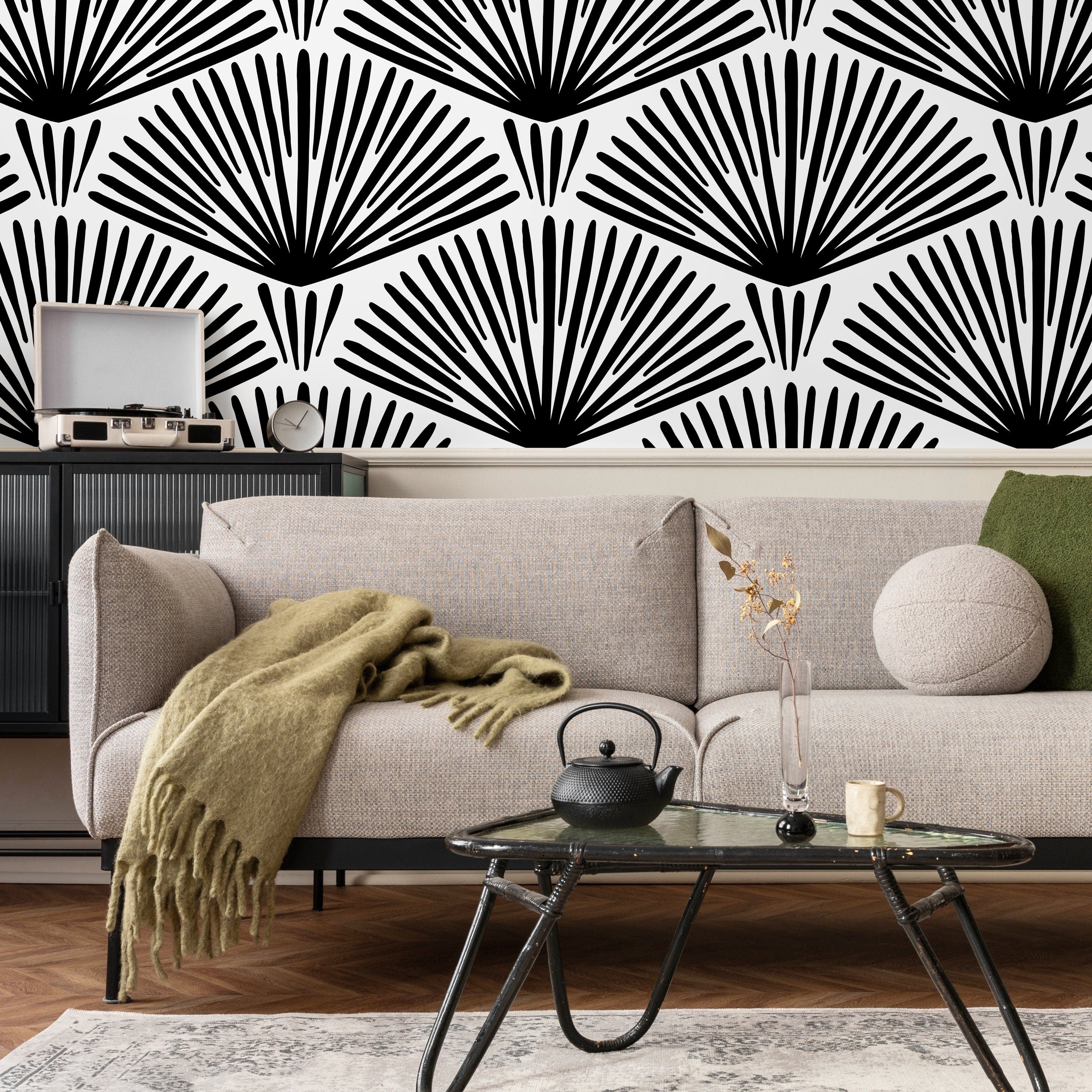 Art Deco Wallpaper With A Bold Fan Motif In Black And White - B240