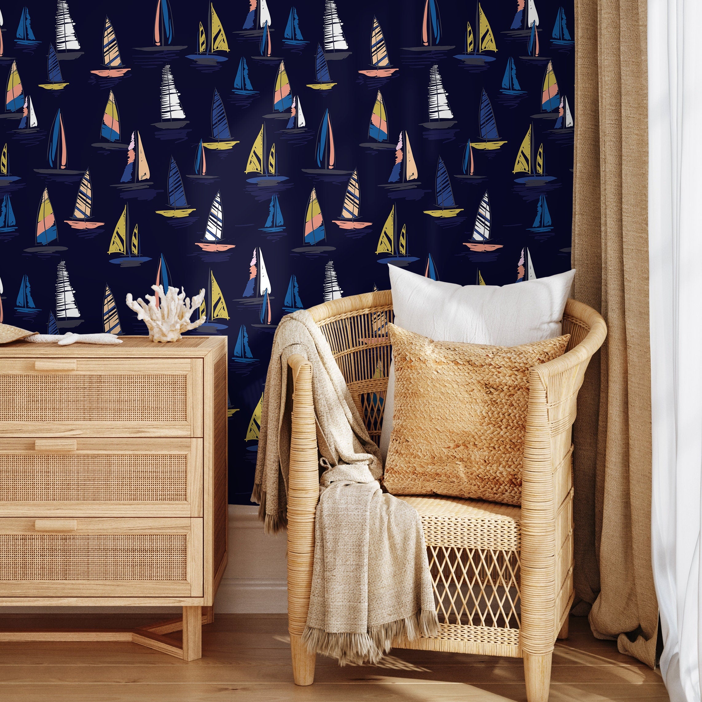 Nautical Wallpaper Featuring A Fleet Of Sailboats In Navy Blue, Yellow, And Pink - B244