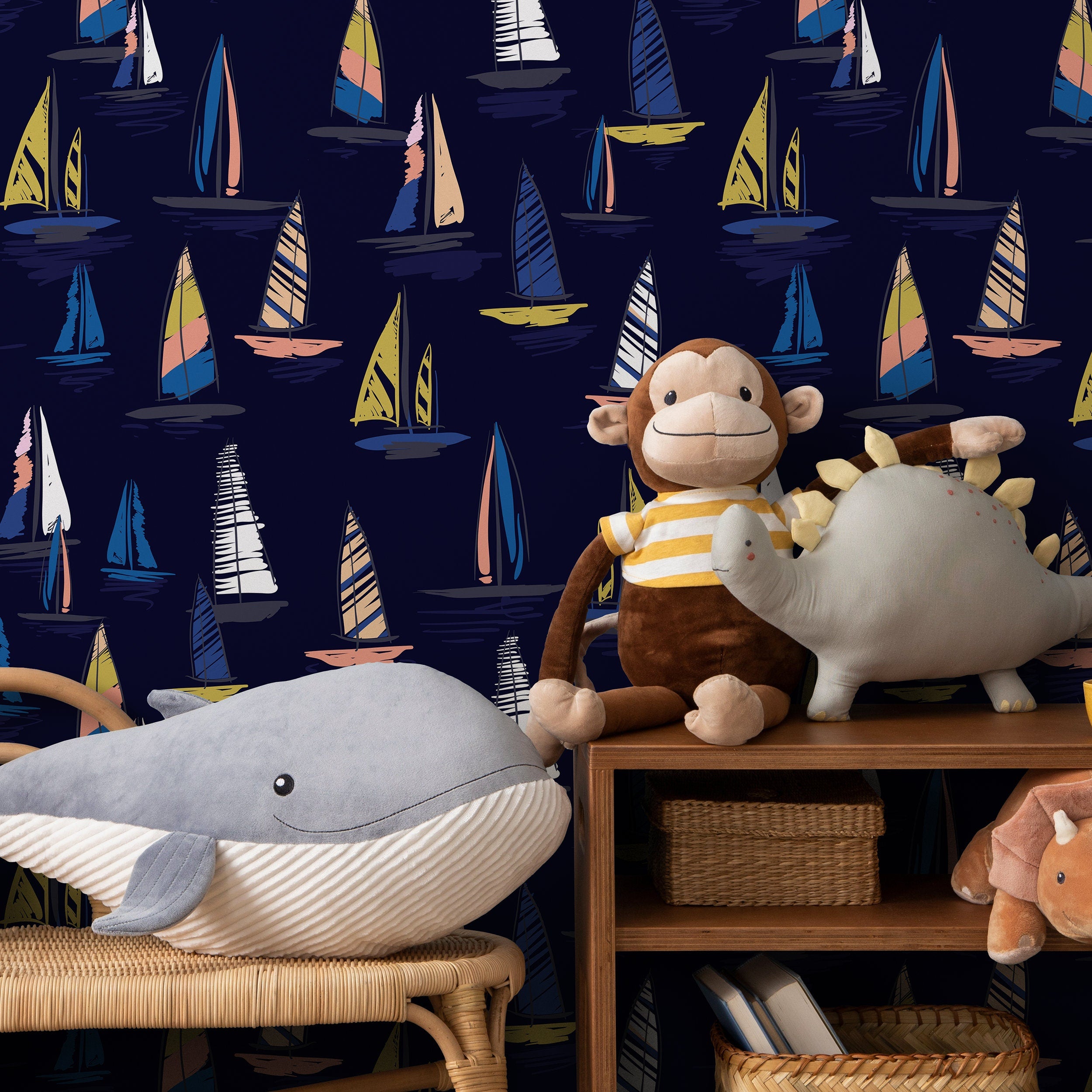 Nautical Wallpaper Featuring A Fleet Of Sailboats In Navy Blue, Yellow, And Pink - B244