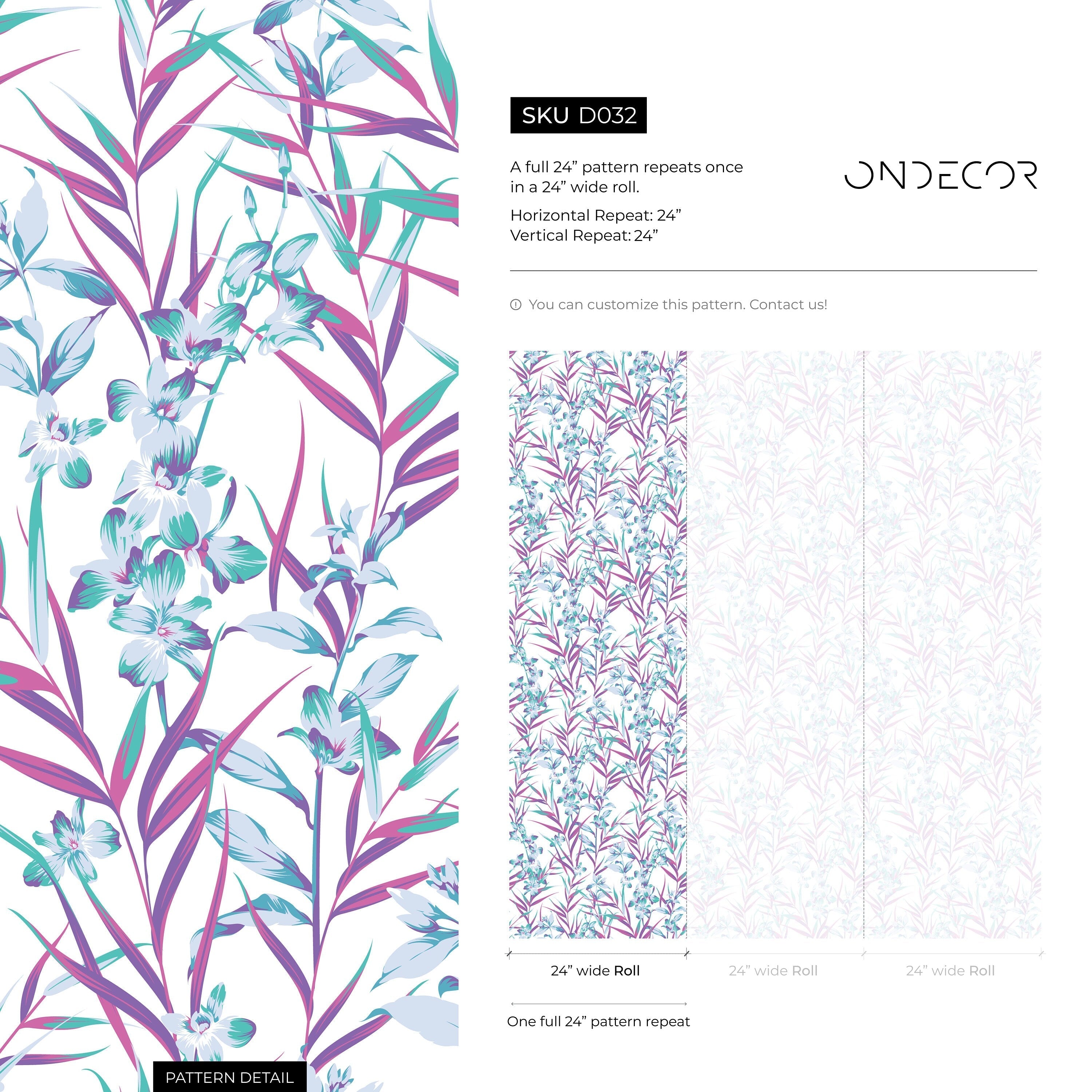 Botanical Wallpaper With Delicate Climbing Florals In Purple And Teal - D032