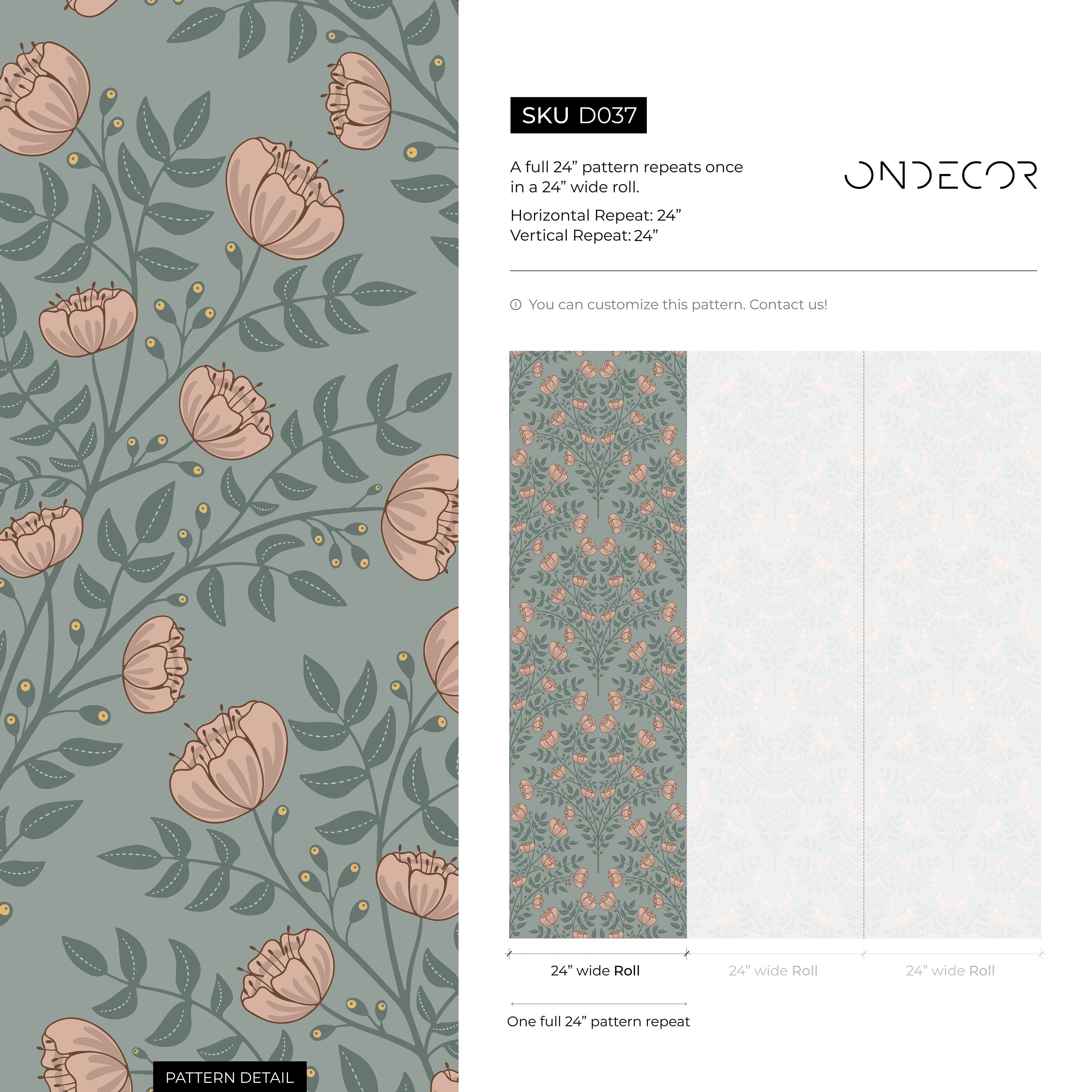 Floral Wallpaper With An Arts And Crafts Motif In Green And Pink - D037
