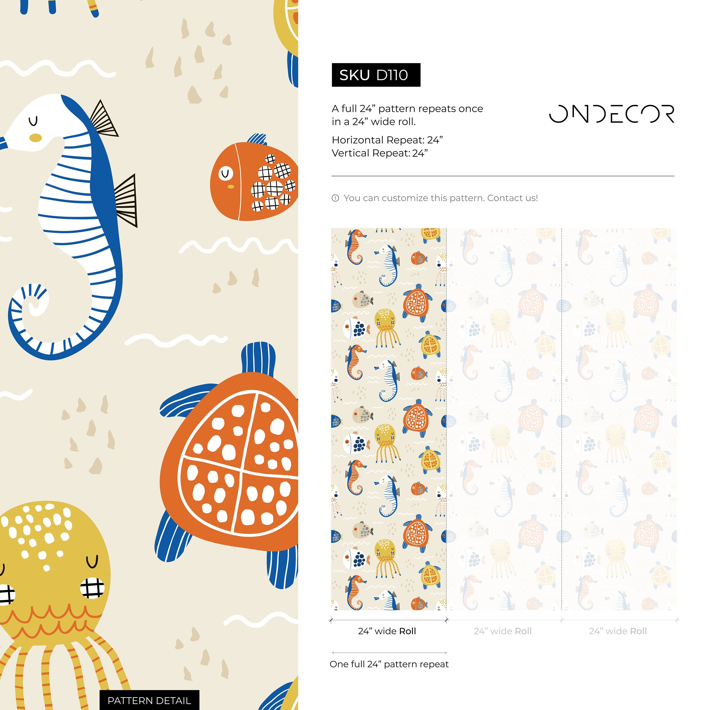 Ocean Wallpaper With Folk Art Sea Creatures In Blue, Orange, And Yellow - D110